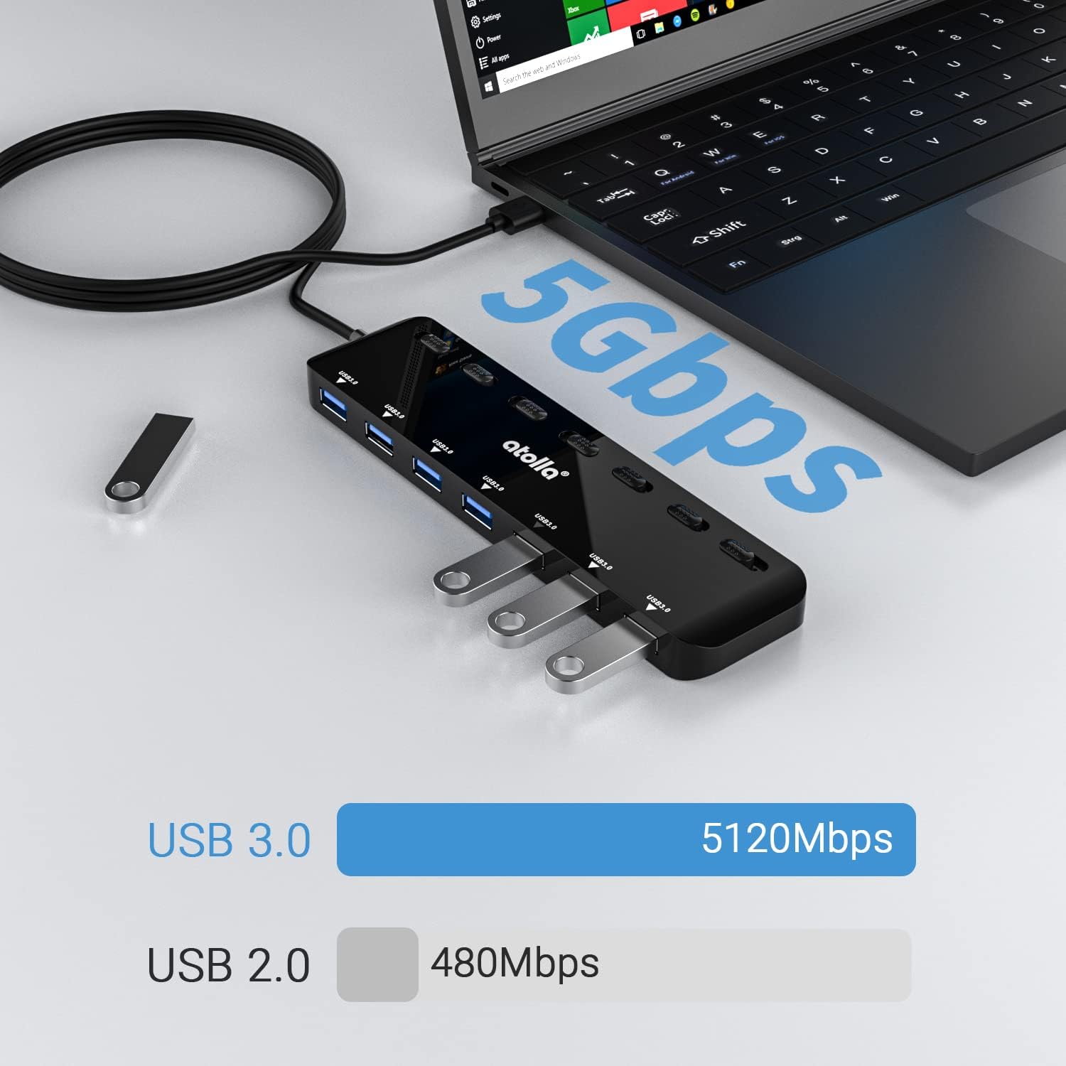 Thumbnail 1 de atolla 7 ports USB 3.0 Hub Splitter ultra fin avec interrupteurs individuels et extension 100 cm