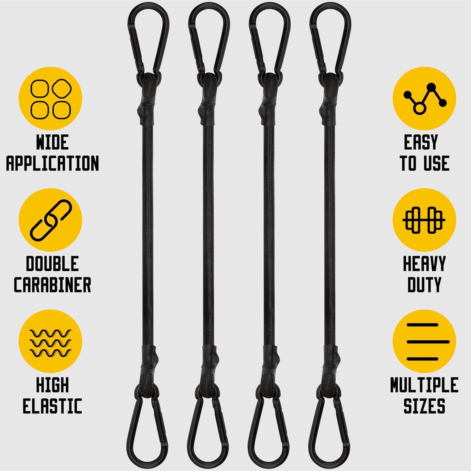 Detalle de Rugtol Bungee Cords with Carabiner, 12-Inch Nylon-Wrapped Elastic, 4-Pack
