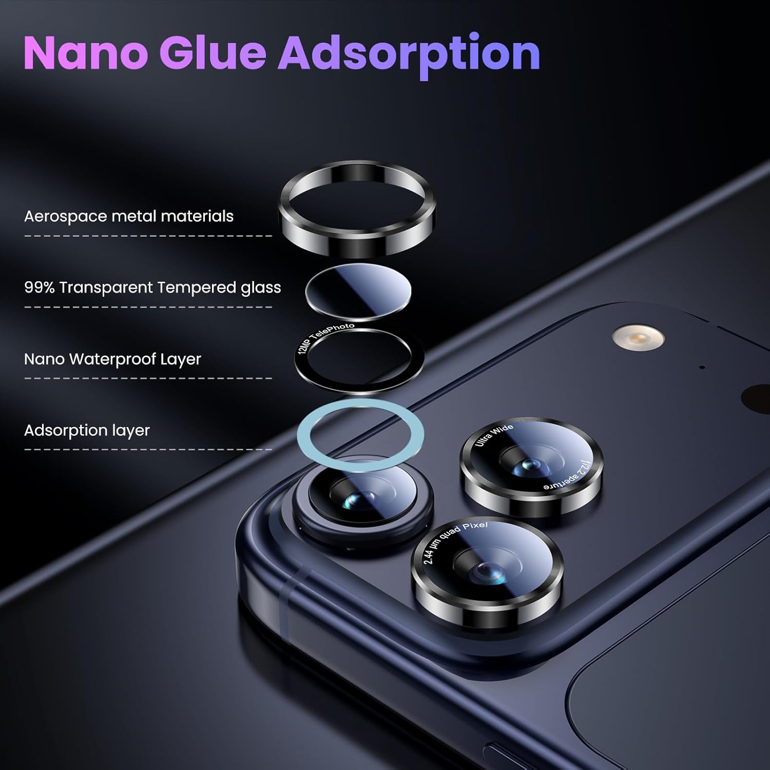 Thumbnail 6 de UniqueMe Camera Lens Protector for iPhone 17 Pro Max / 17 Pro / 16 Pro Max / 16 Pro / 15 Pro Max / 15 Pro / 14 Pro Max / 14 Pro (1 Pack, Black)