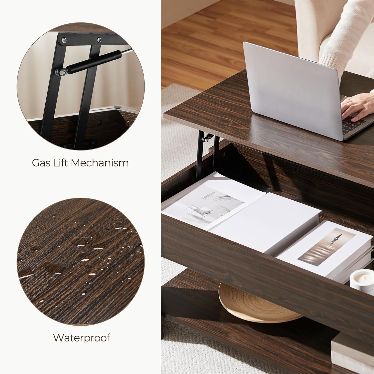 Detalle de Yaheetech Espresso Lift-Top Coffee Table with Storage, 98cm
