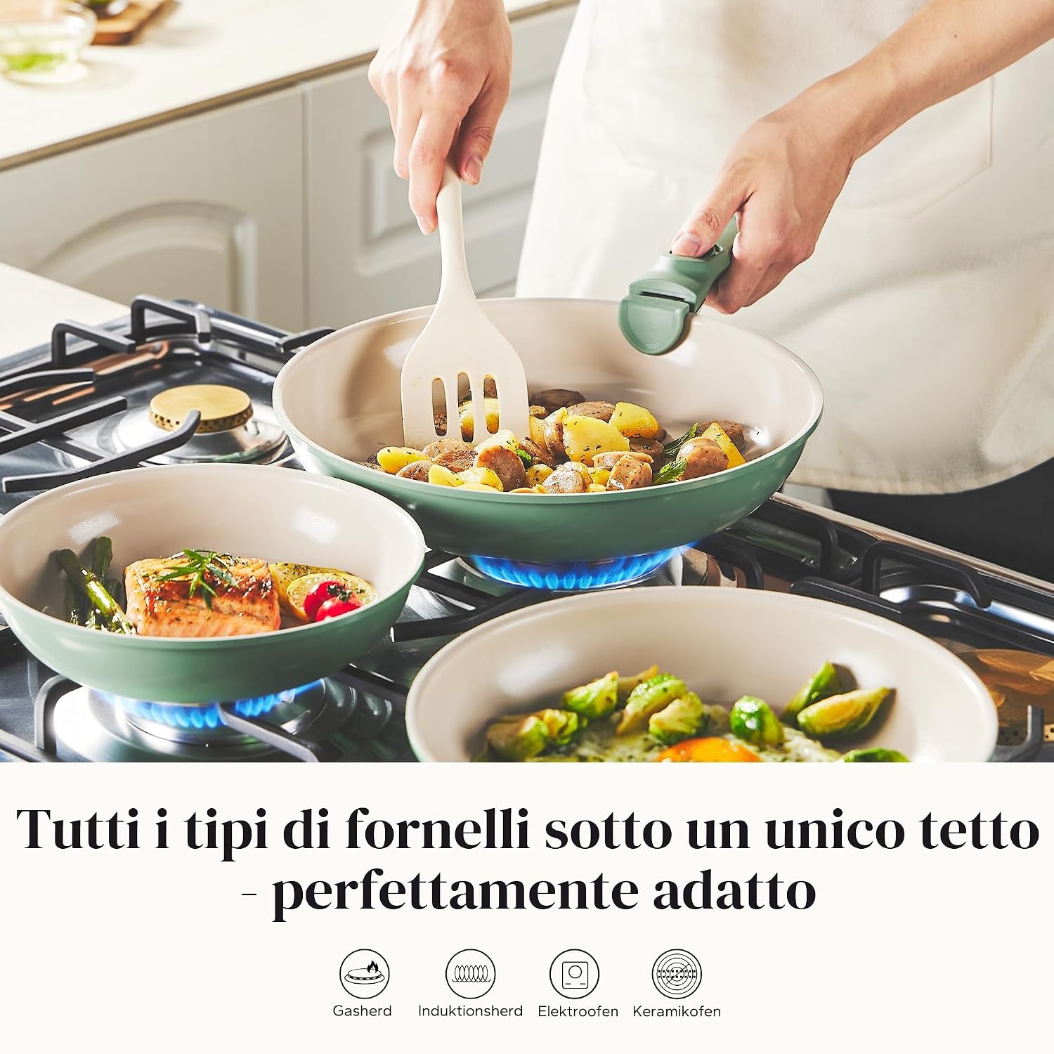 Detalle de Redchef Set Padelle con Manico Rimovibile (20, 24, 28 cm) in Ceramica Antiaderente al Granito, per Induzione