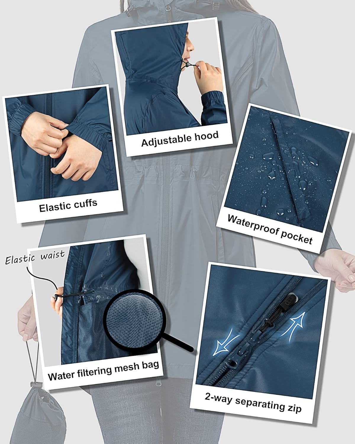 Thumbnail 4 de 33,000ft Women’s Lightweight Hooded Rain Jacket – Waterproof Packable Long Rain Coat