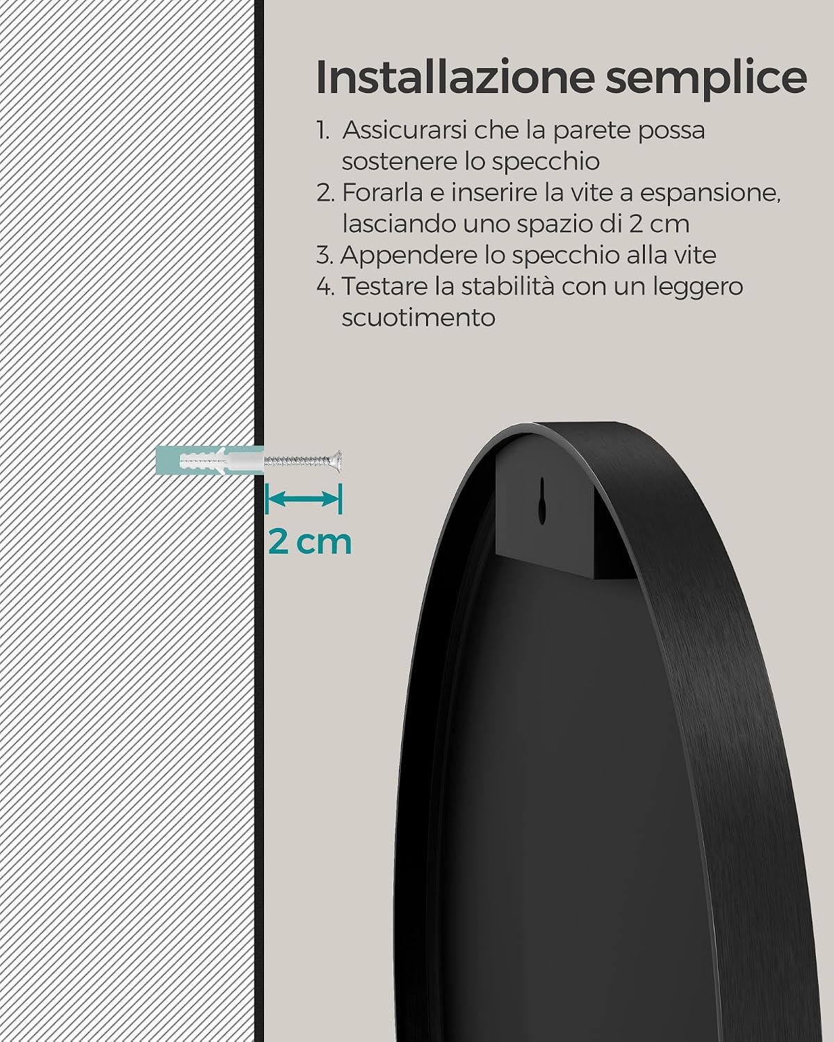 Detalle de SPECCHIO DA PARETE ROTONDO BERIT LWM104B01 di SONGMICS – cornice in alluminio nera, 41 x 41 cm