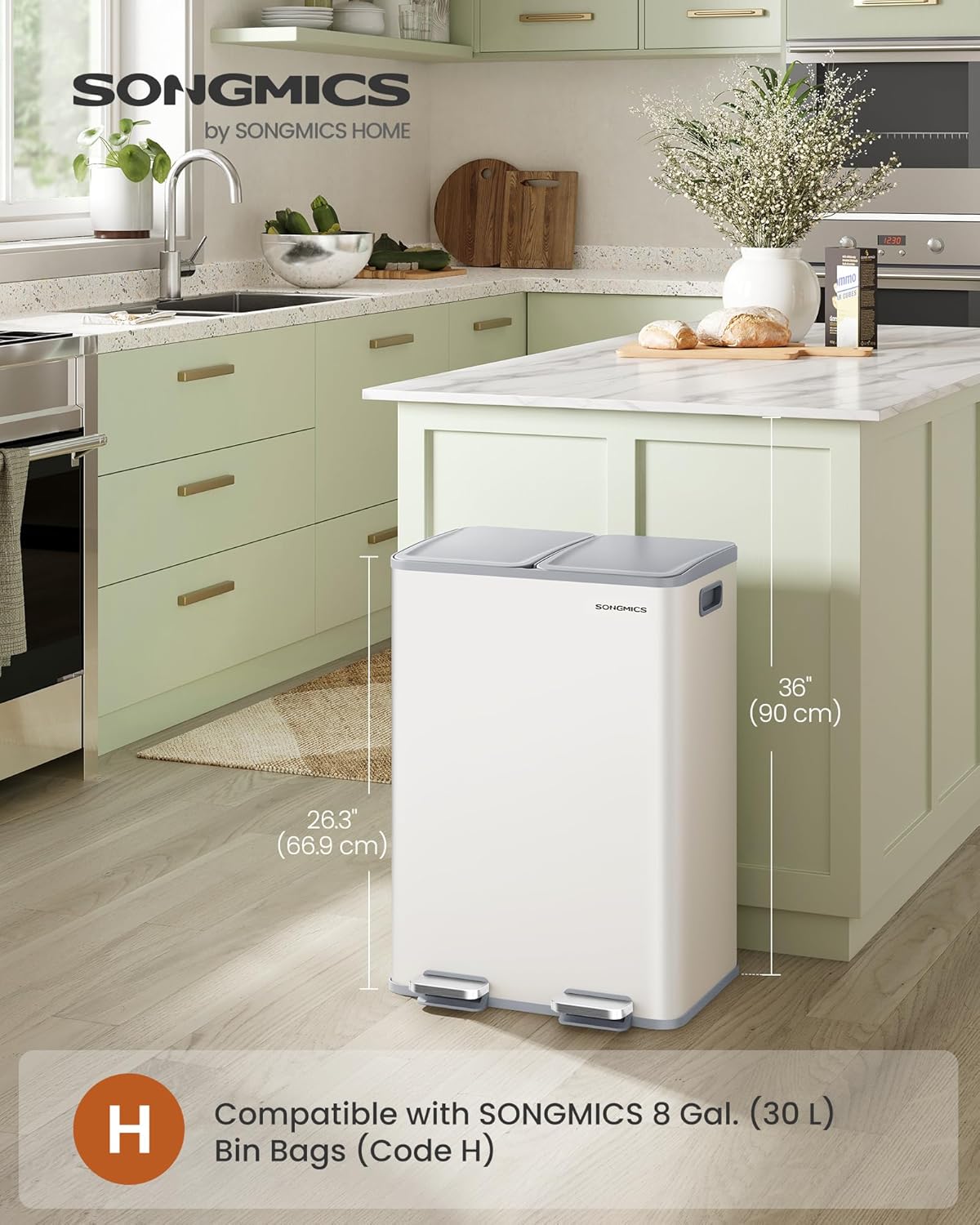 Detalle 2 de SONGMICS Kitchen Bin 2 x 30 L dual compartment