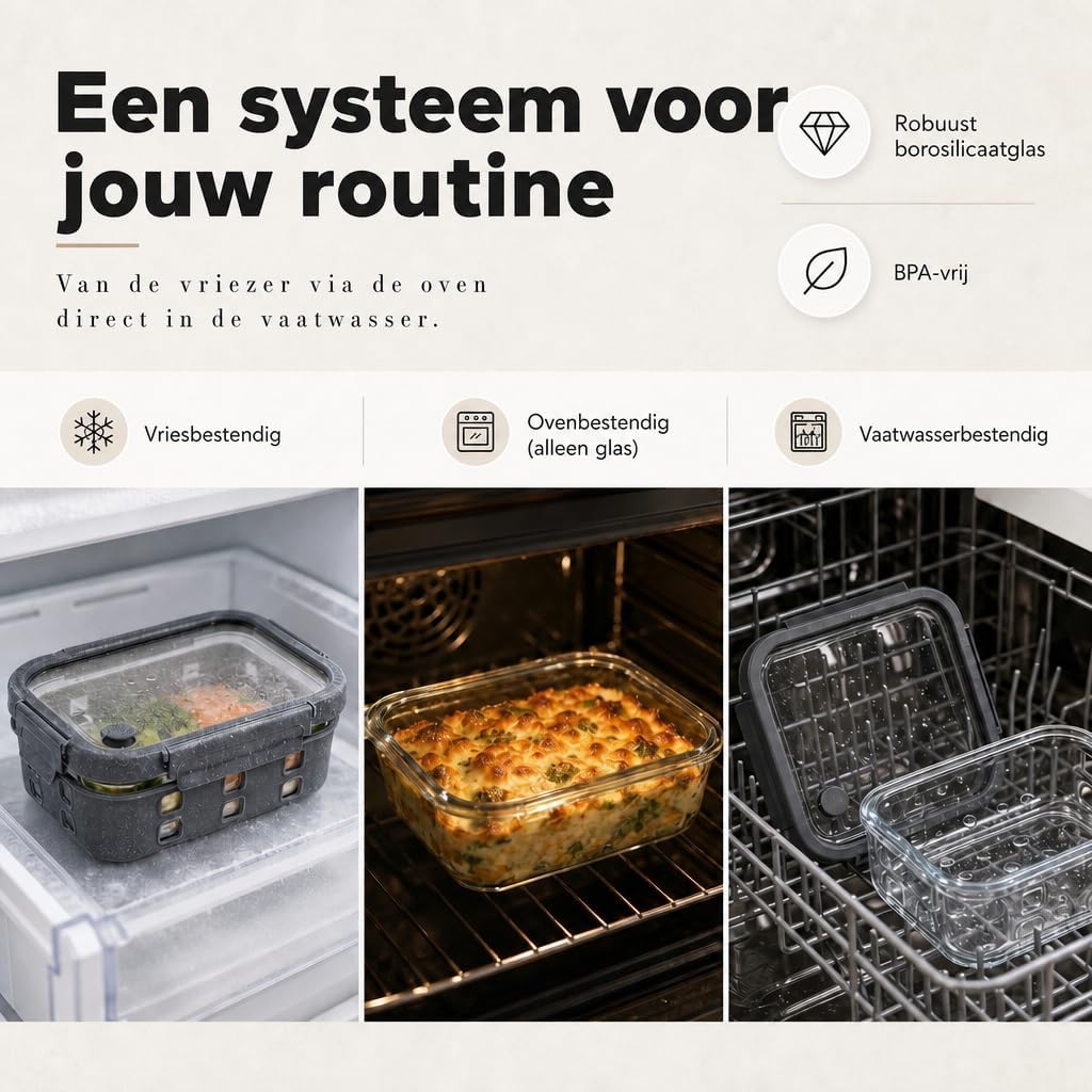 Thumbnail 4 de Dalena Home mealprep-bakjes van borosilicaatglas, 3 × 1020 ml met glazen deksel