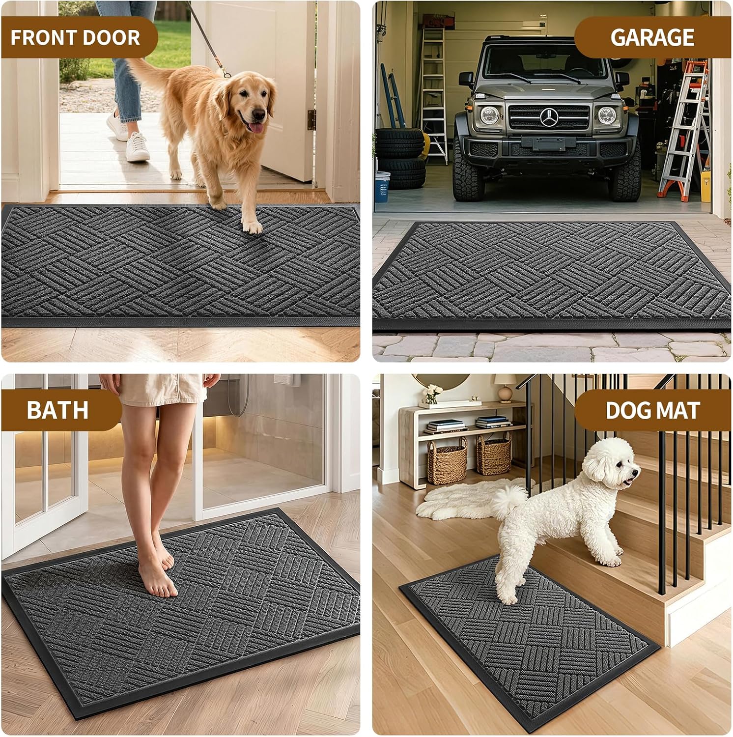 Detalle de WELDUN Front Door Mat, 47.5 x 35.5-Inch Gray Low-Profile Non-Slip Doormat