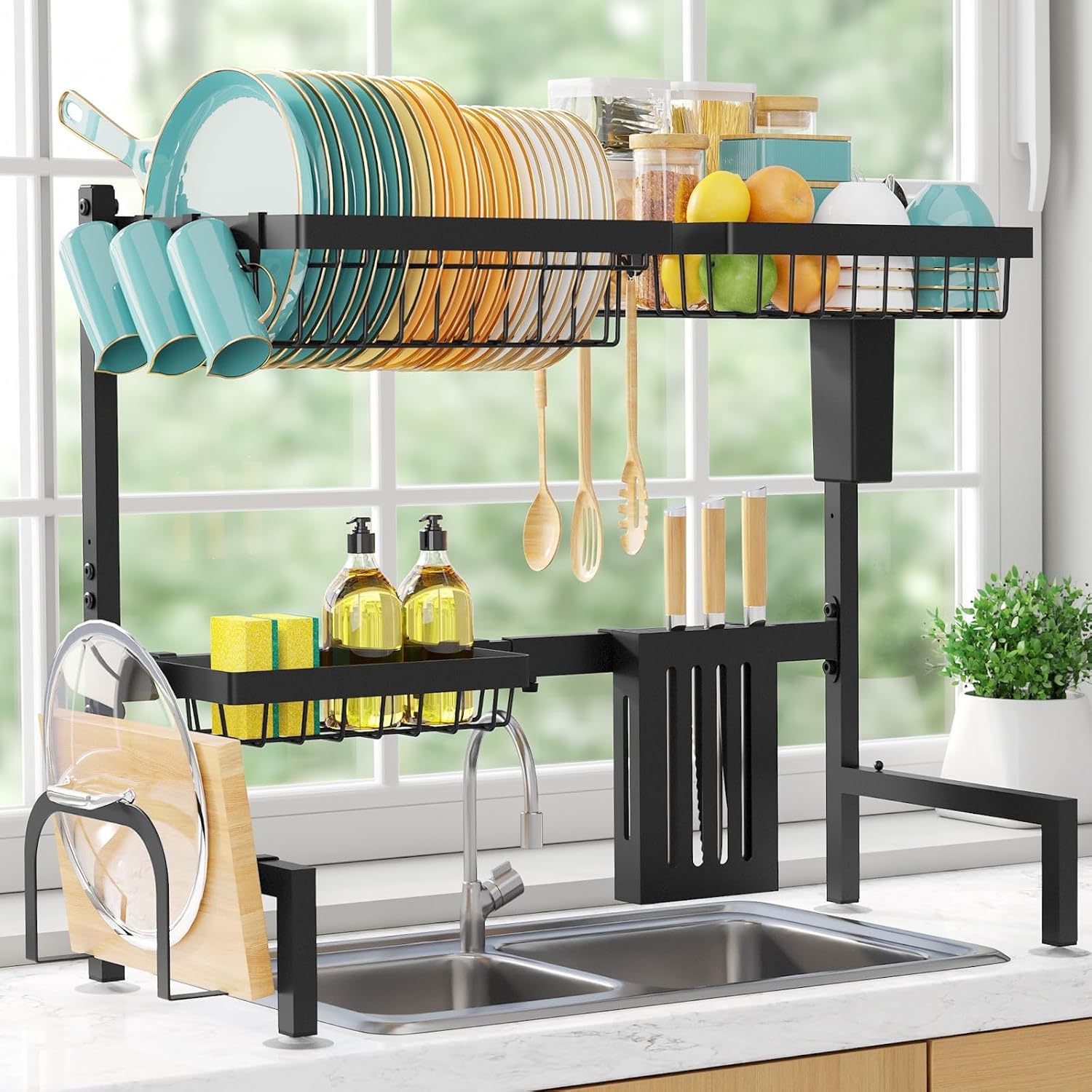 Sakugi Over The Sink Dish Drying Rack (Adjustable 2-Tier, Stainless Steel, Black)