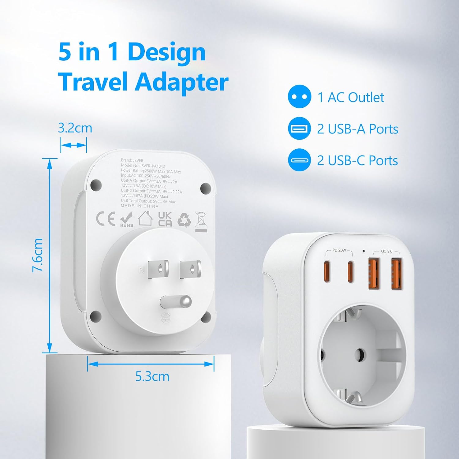 Thumbnail 2 de JSVER adaptateur prise USA 5 en 1 (France → USA/Canada) avec 2 USB-A et 2 USB-C (PD 20 W) — blanc