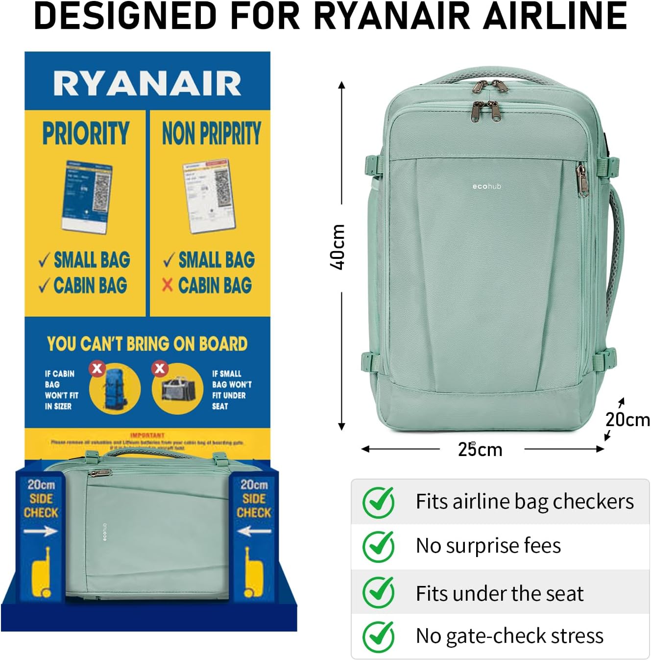 Thumbnail 1 de ECOHUB 20L Max Ryanair Cabin Bag underseat backpack with USB port (40x20x25cm) – Light Green