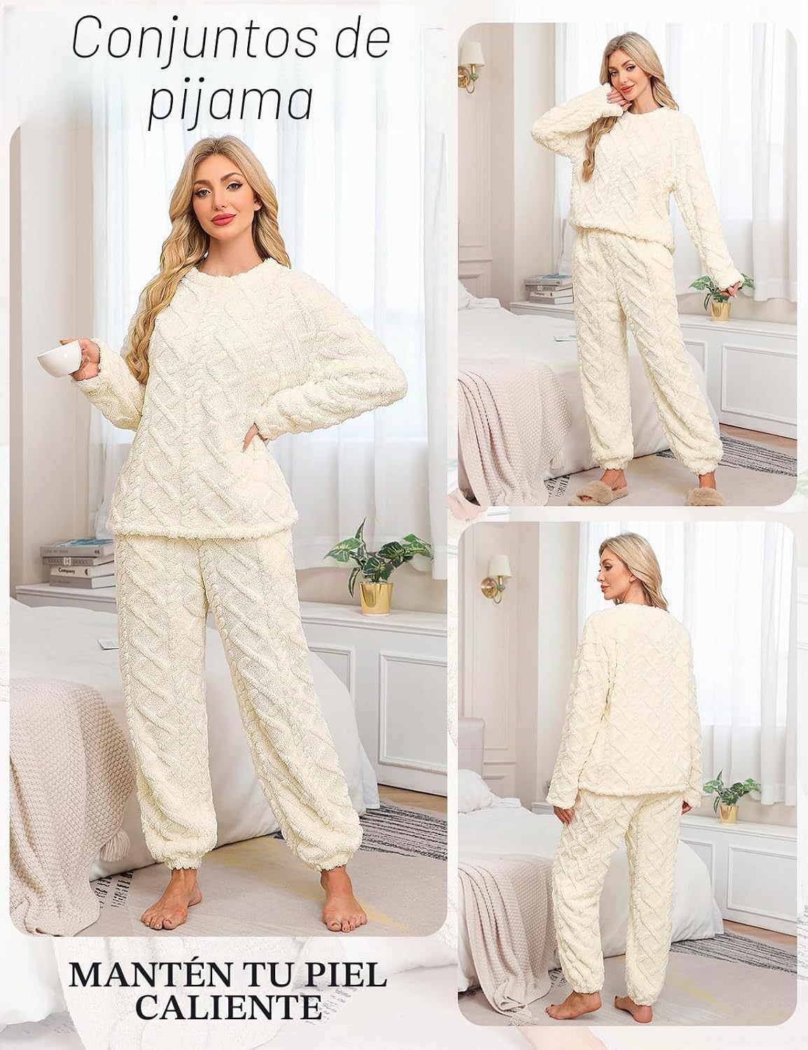 Thumbnail 6 de Niwicee Pijama Mujer Invierno Polar: Conjunto 2 Piezas en Beige, Talla S