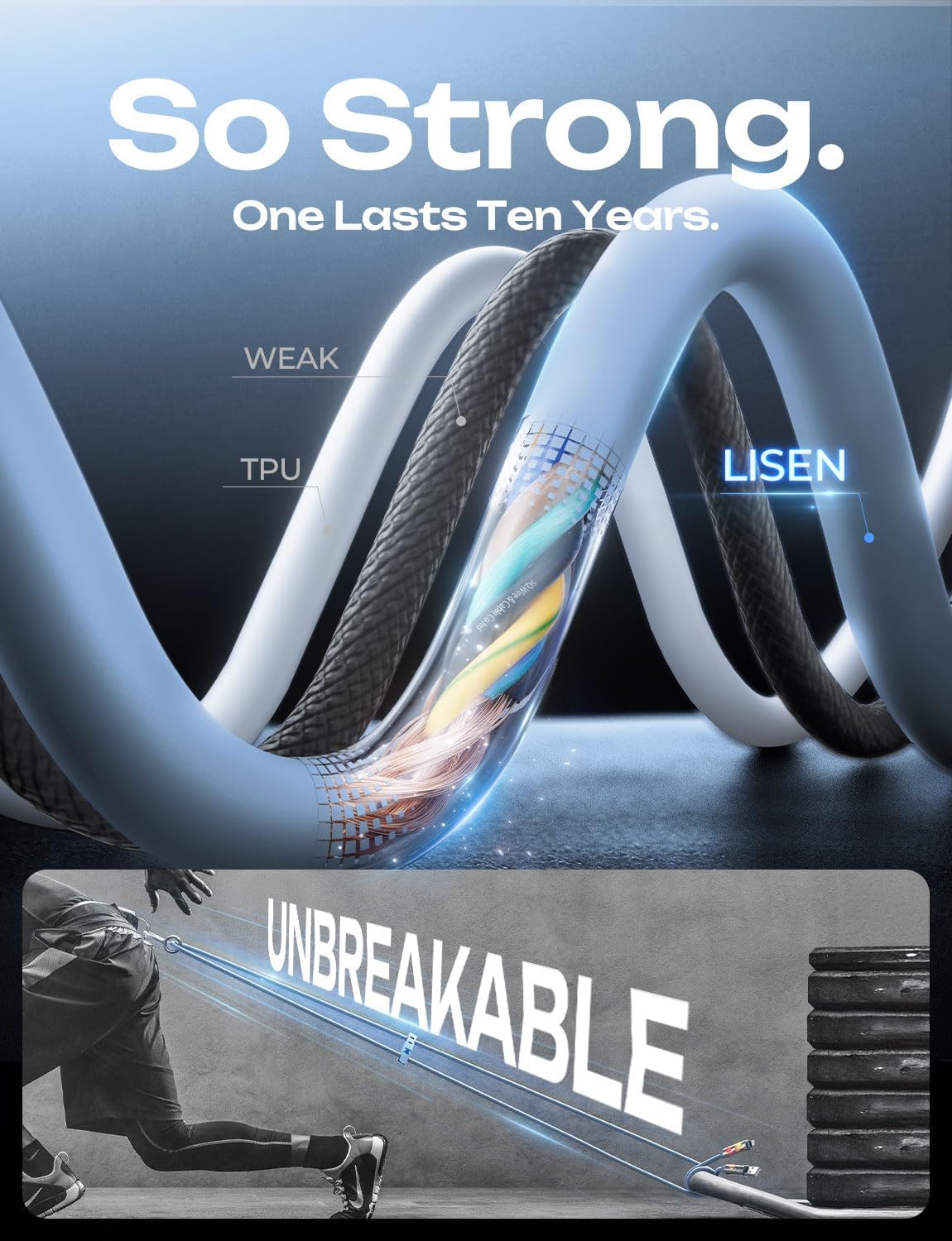 Detalle de LISEN 4-in-1 Charging Cable, 6 ft, USB-C/USB-A, RGB Light, Sky Blue