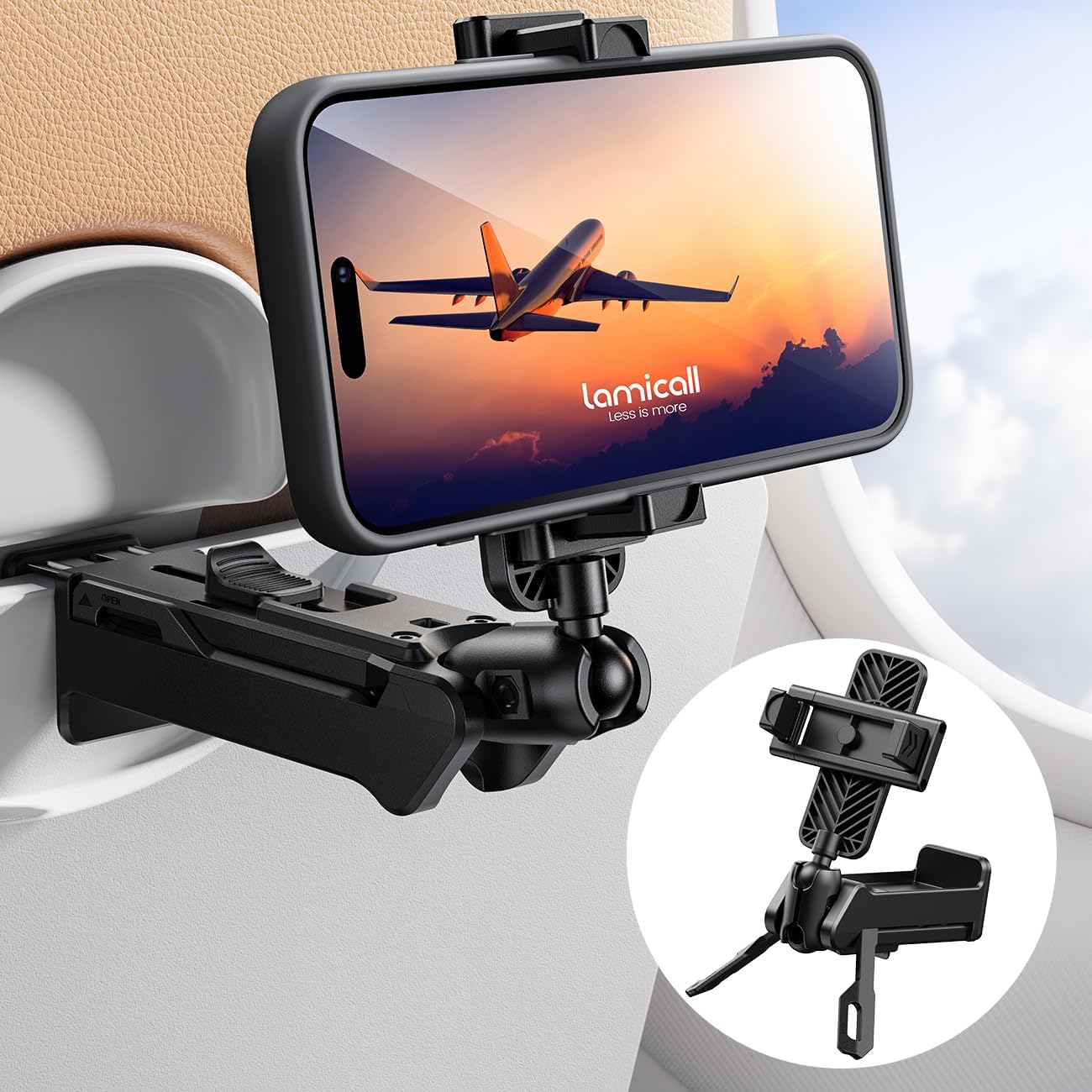 Detalle de Lamicall Airplane Phone Holder for Travel – Upgrade Wide Clip, 360° Rotating Plane Mount