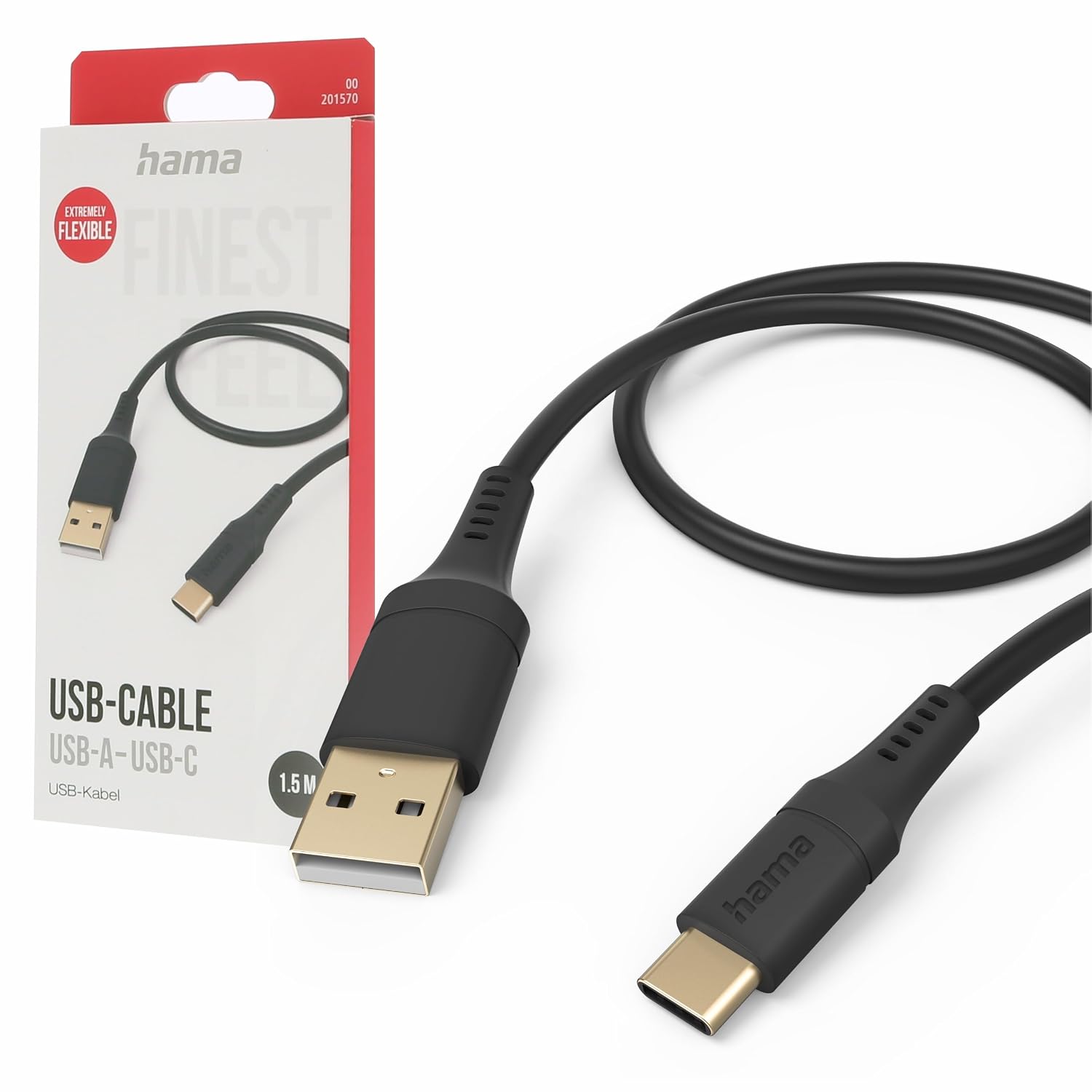 Detalle de Hama 1.5m USB-A to USB-C Flexible Silicone Charging Cable (Black)
