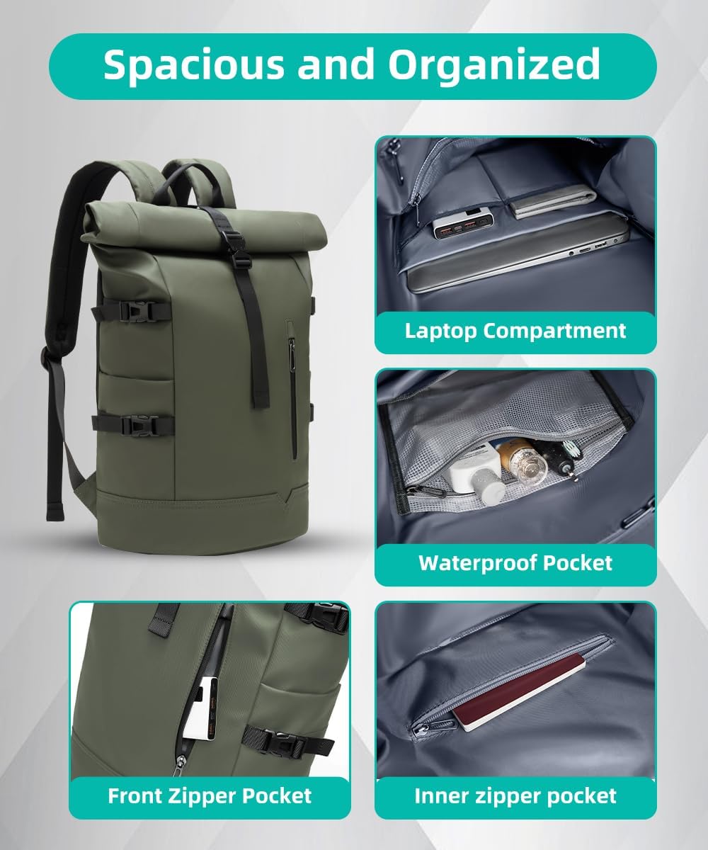 Detalle de GYakeog Rolltop Rucksack (groß) 33 l – wasserdichter Laptop-Rucksack bis 15 Zoll, Rollverschluss, Anti-Diebstahl, Fahrrad- & Alltagstauglich