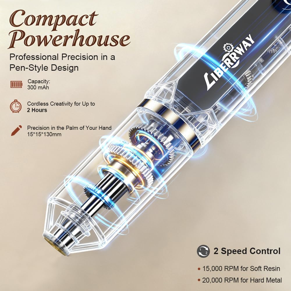 Detalle 2 de LIBERRWAY Engraving Pen: Cordless 2-Speed Mini Rotary Tool with 30 Bits and Power Display