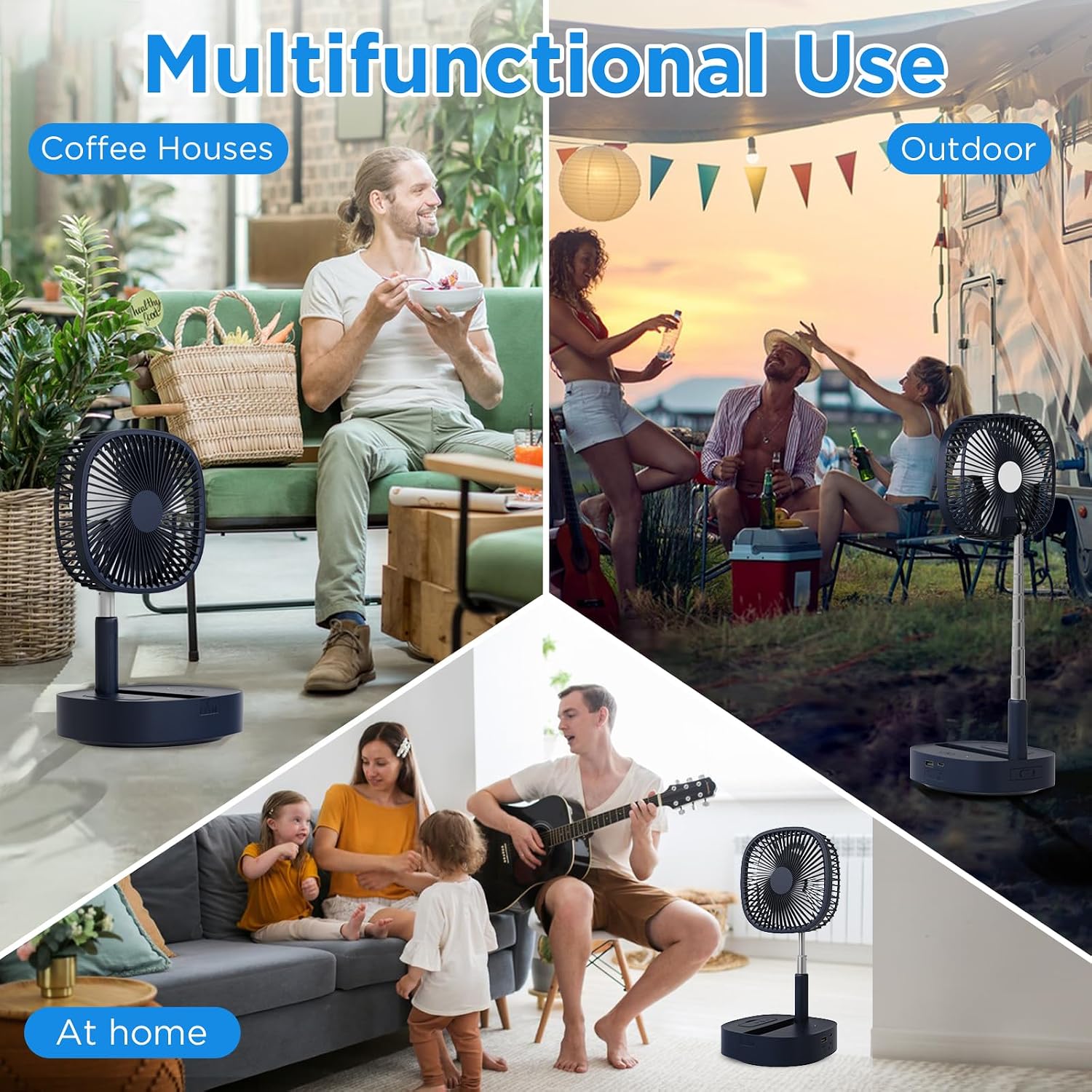 Detalle de Magesh 3-in-1 Oscillating Pedestal Fan with Remote, 120° Rotation, 7200mAh Rechargeable Battery, Telescopic & Silent Timer – Dark Blue