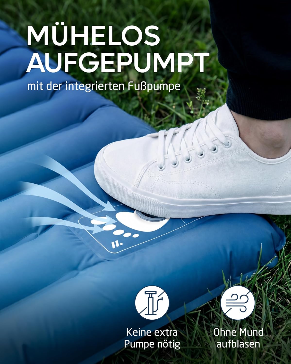 Detalle de NORDMUT Isomatte Schnellaufblasend mit integrierter Fußpumpe 10 cm – ultrakomfortable Campingmatratze