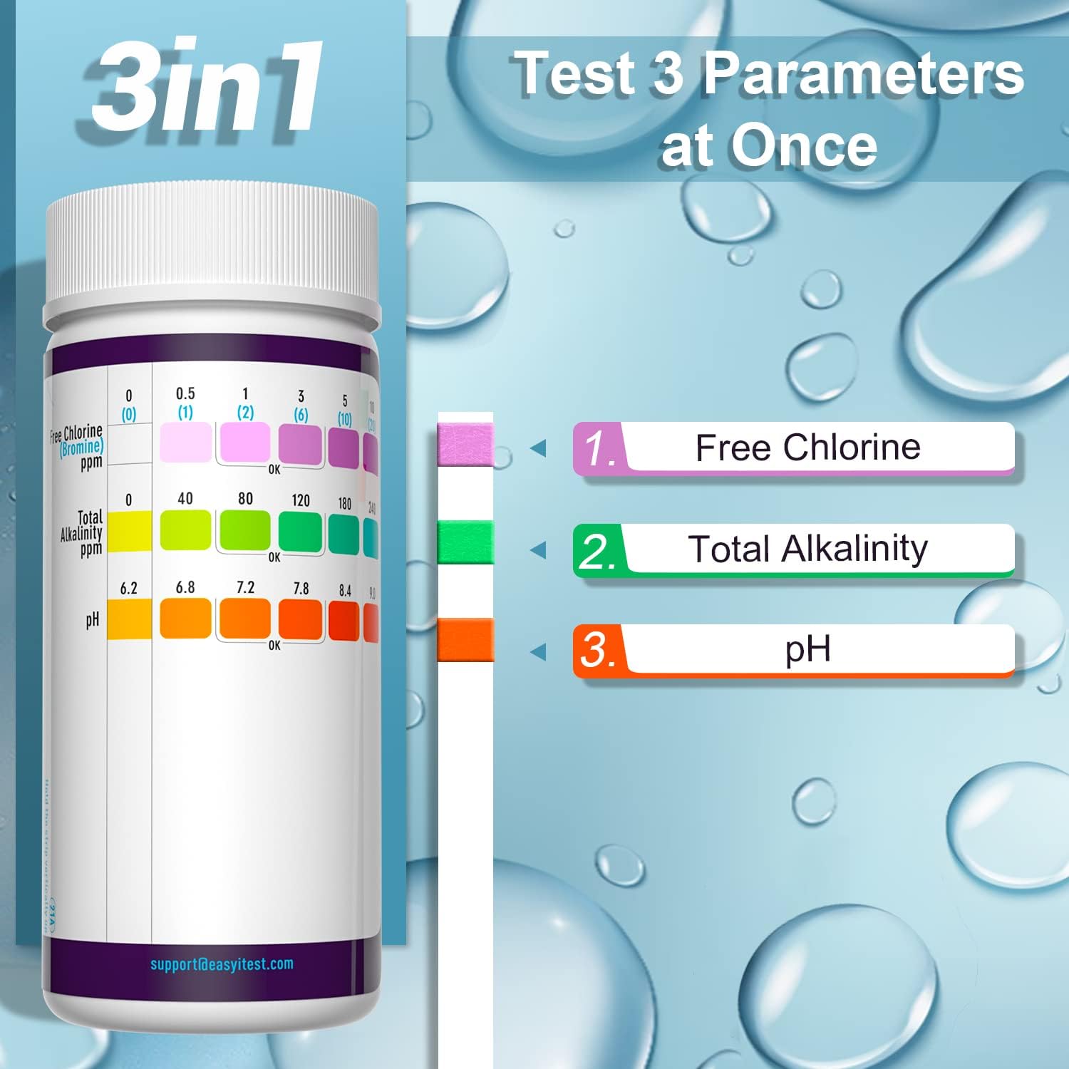 Detalle de EASYTEST 3-in-1 Pool-Teststreifen für Spa – pH, freies Chlor, Brom & Alkalinität (150 Stäbchen)