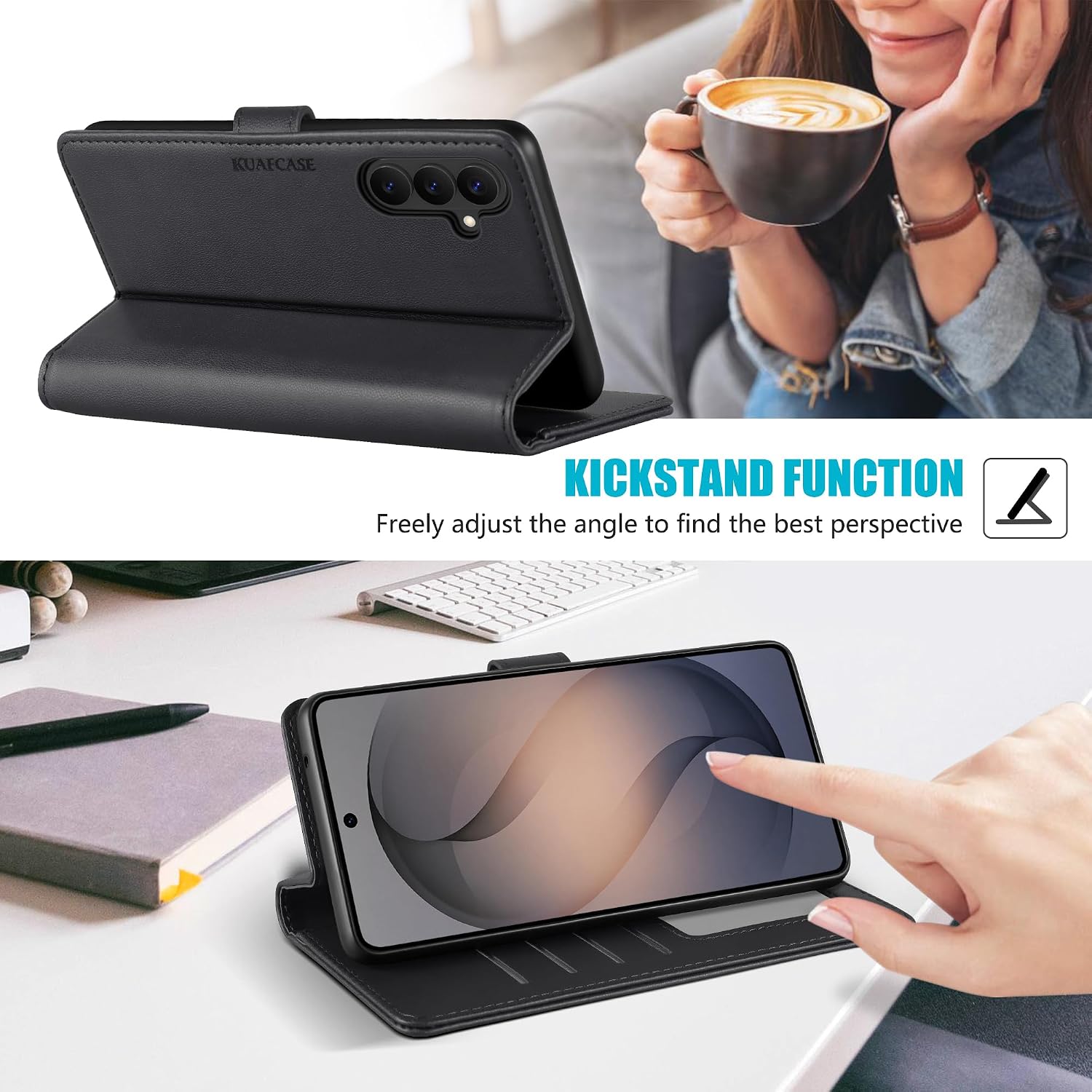 Detalle 2 de Kuafcase for Samsung S26 Case with 4 Card Slots, Magnetic Closure and Kickstand – Black