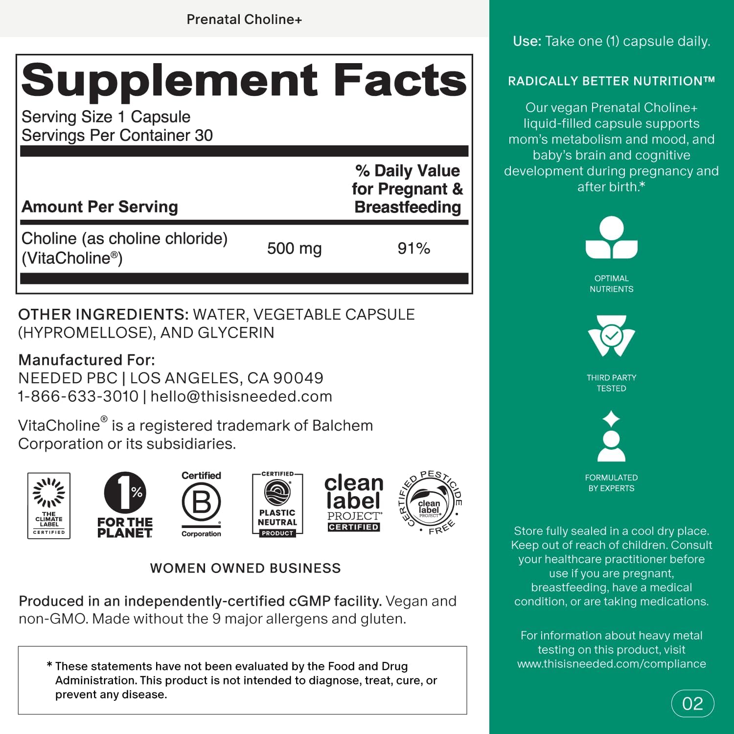 Detalle 2 de Needed. Prenatal Choline+ Liquid Capsules, 500 mg Choline Chloride