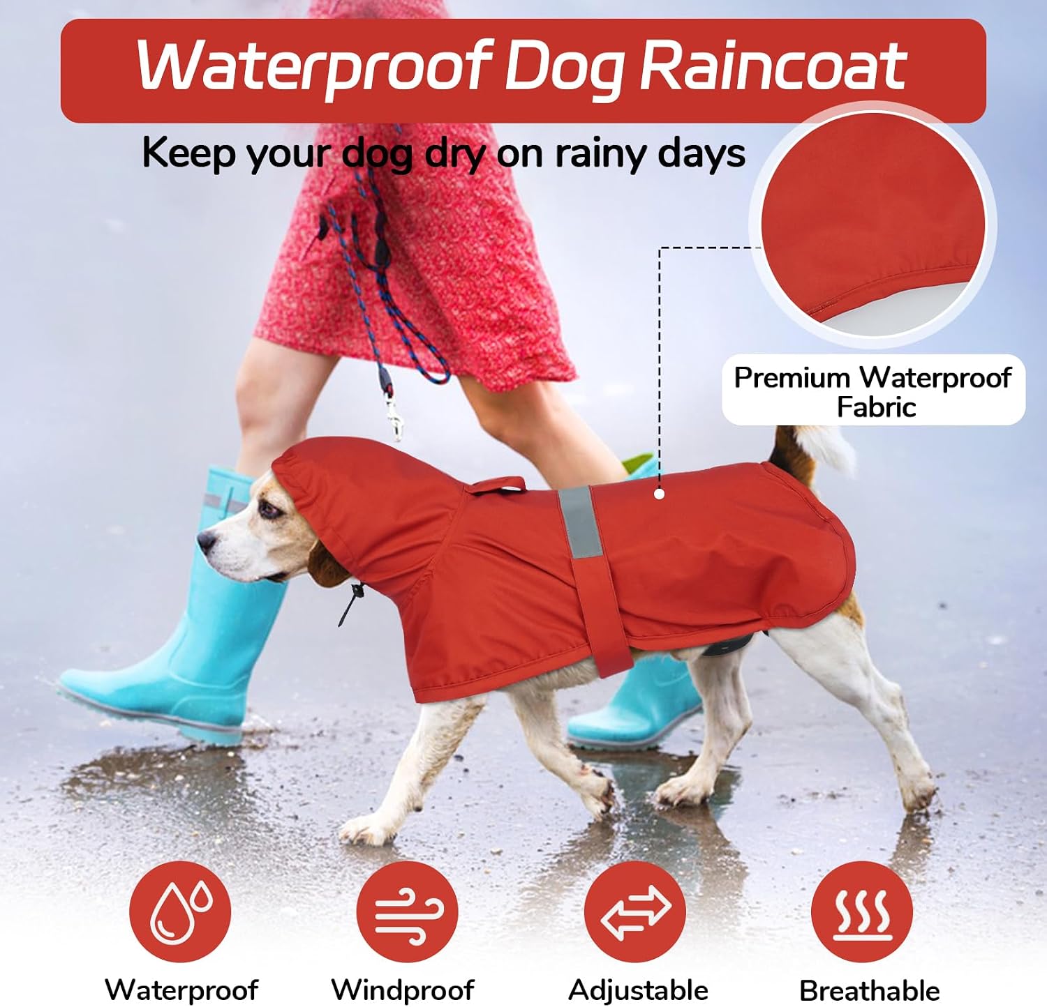 Detalle de Lelepet Dog Raincoat Waterproof Poncho with Reflective Strip and Adjustable Rear Legs Straps (Red, XL)