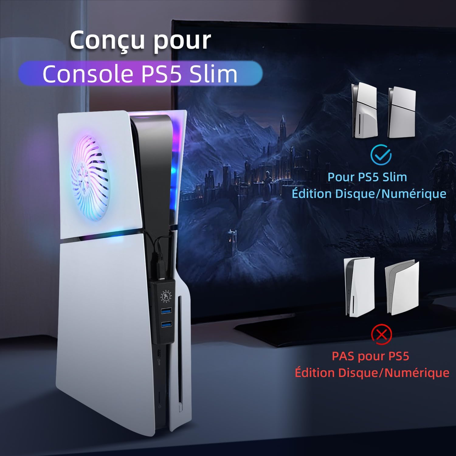 Thumbnail 2 de Kit accessoires LED RGB Mcbazel pour PS5 Slim (disque/numérique) : bande lumineuse, plaque de refroidissement et hub USB 2 ports, blanc