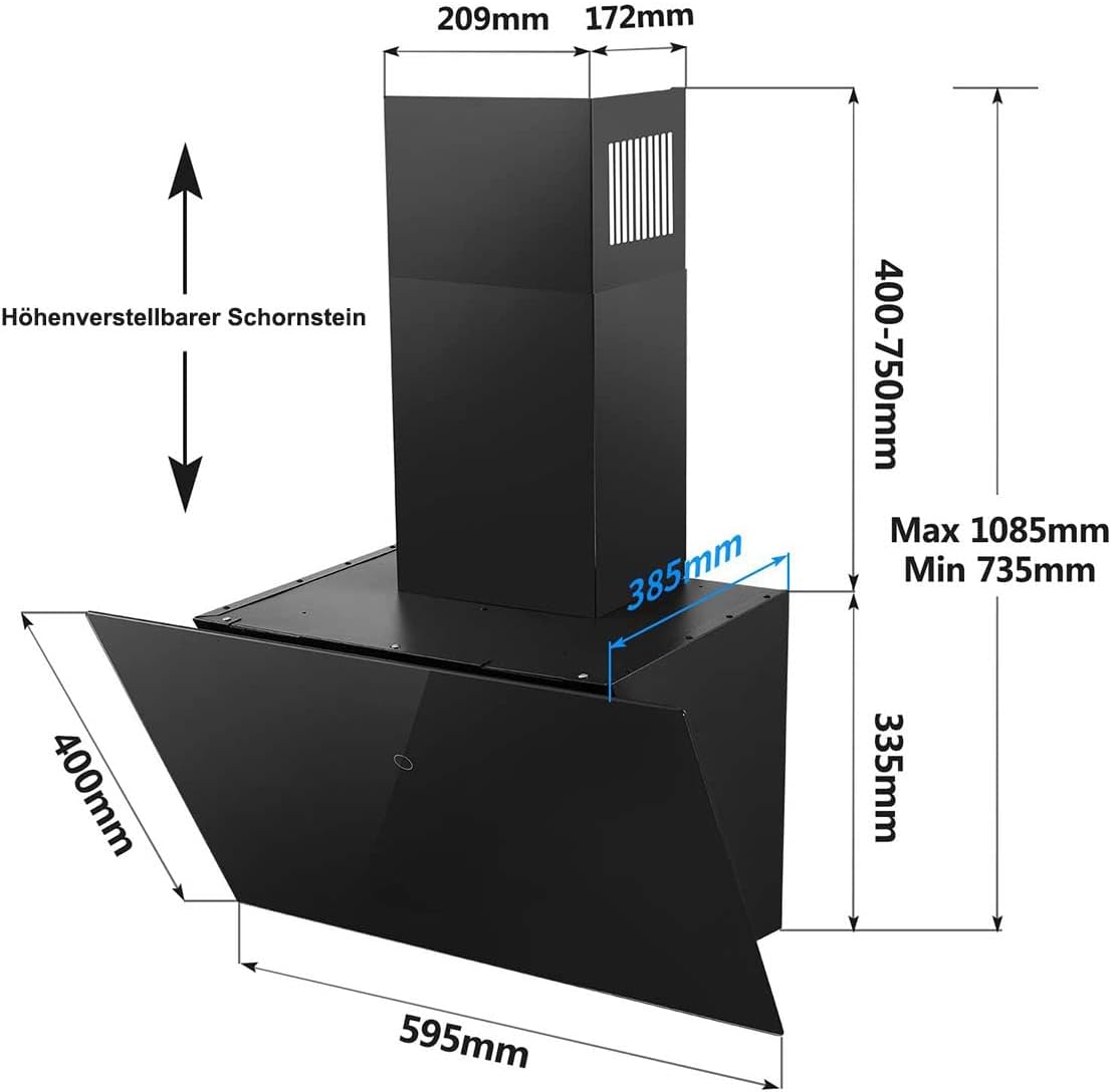 Detalle de SNDOAS Dunstabzugshaube 60 cm – 550 m³/h, Abluft/ Umluft, inkl. Aktivkohlefilter, Energieeffizienz A++, Schwarz
