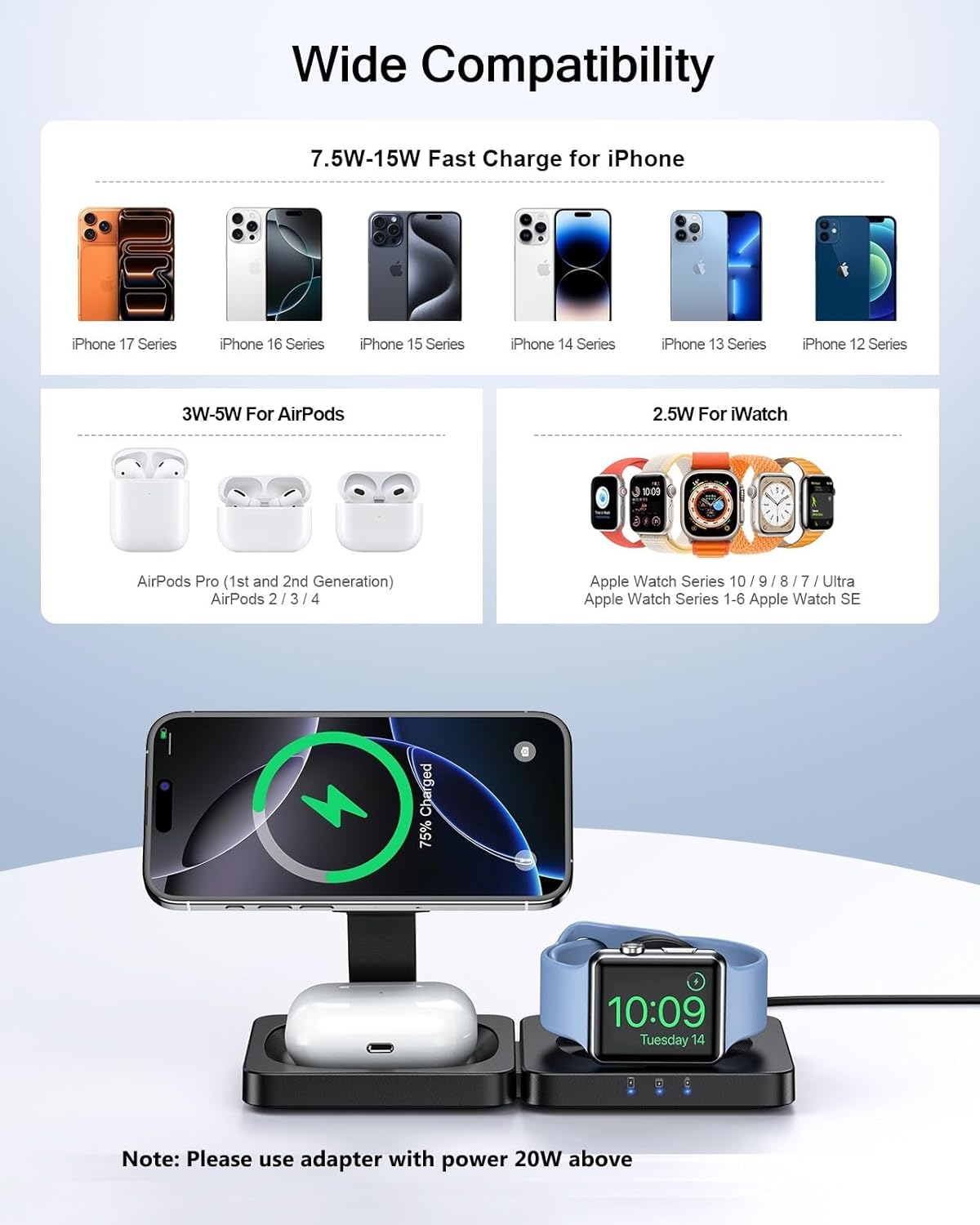 Thumbnail 3 de ADADPU 3 in 1 Magnetic Wireless Charging Stand (20W Included) – Foldable Travel Dock for iPhone, Apple Watch and AirPods