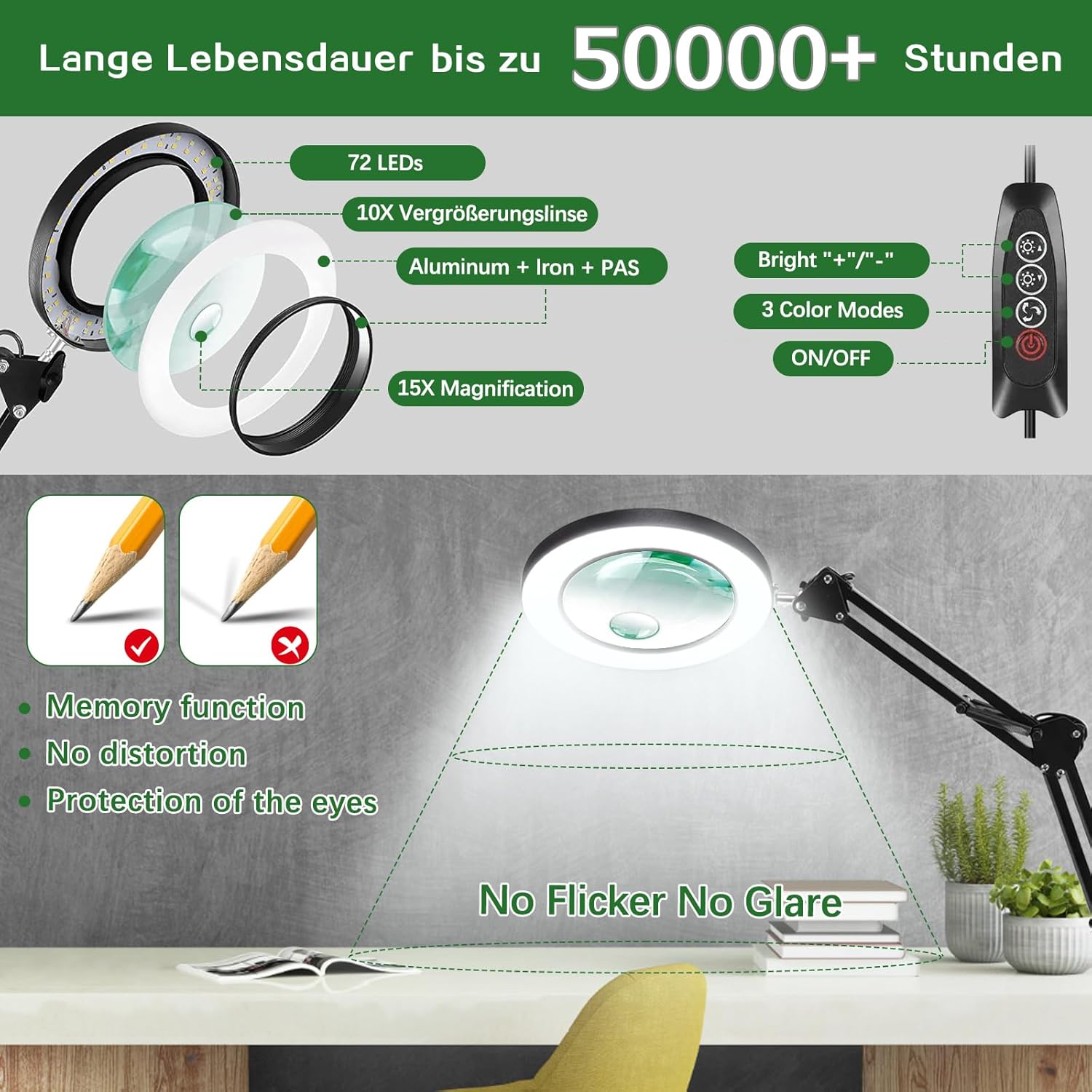 Thumbnail 4 de Lupe mit Licht: 10x & 15x Vergrößerung, Lupenleuchte mit Klemme und 360° Arm – ideal für feine Handarbeiten