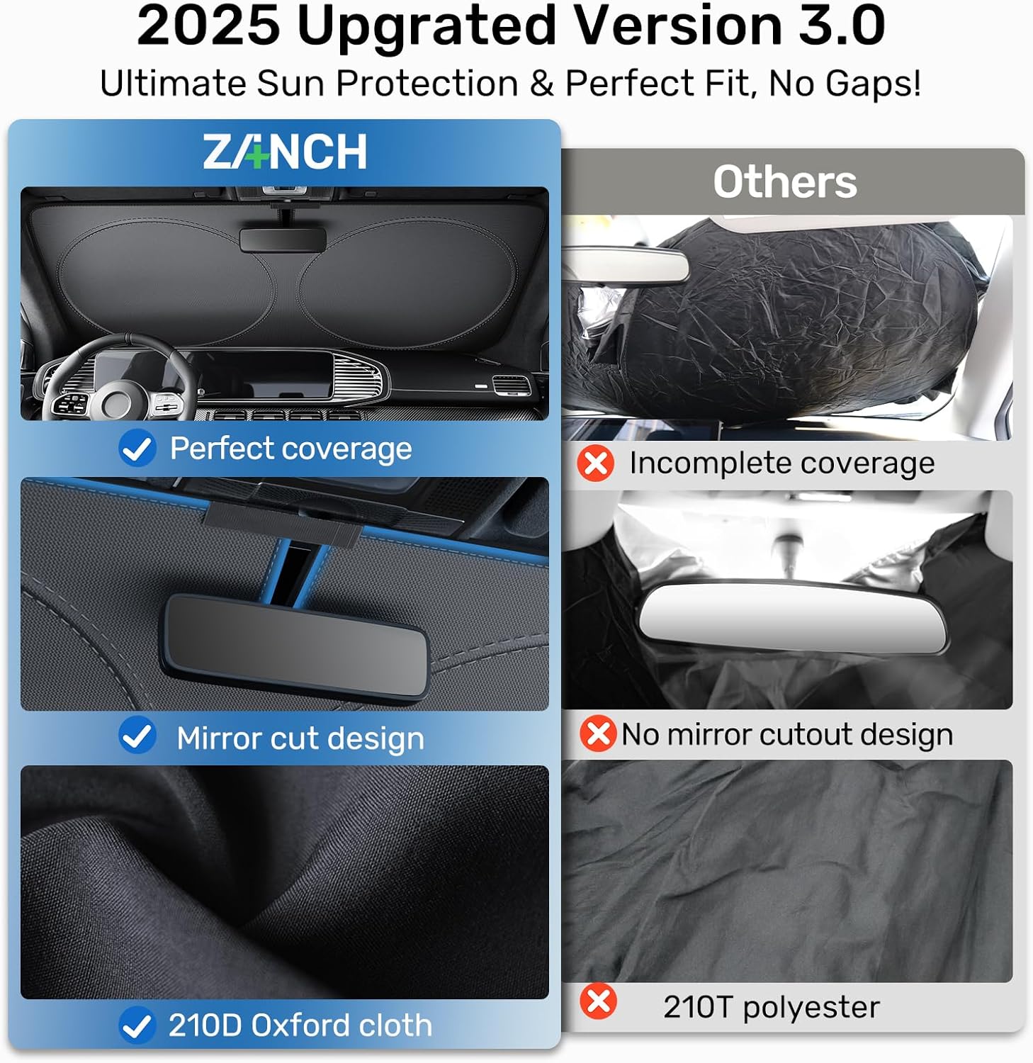 Thumbnail 3 de 2025 Upgraded Zanch Car Front Windshield Sun Shade (UV400, Heat Reduction, Foldable) — 64" x 32" for Sedans & Mini SUVs