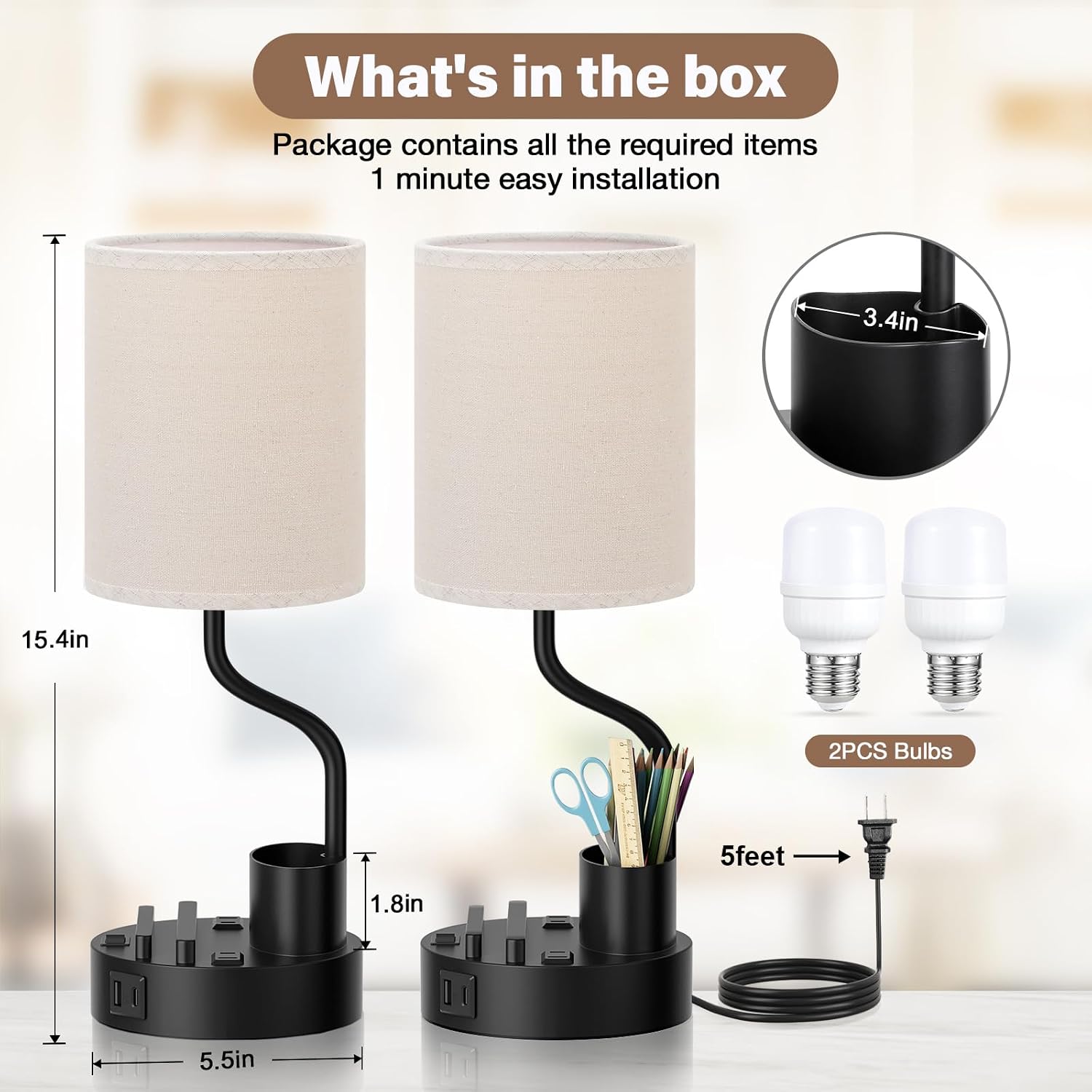 Thumbnail 5 de Fenmzee Lamps 23 Table Lamp Set of 2 with USB-A/C, Outlets & 3 Color Temps