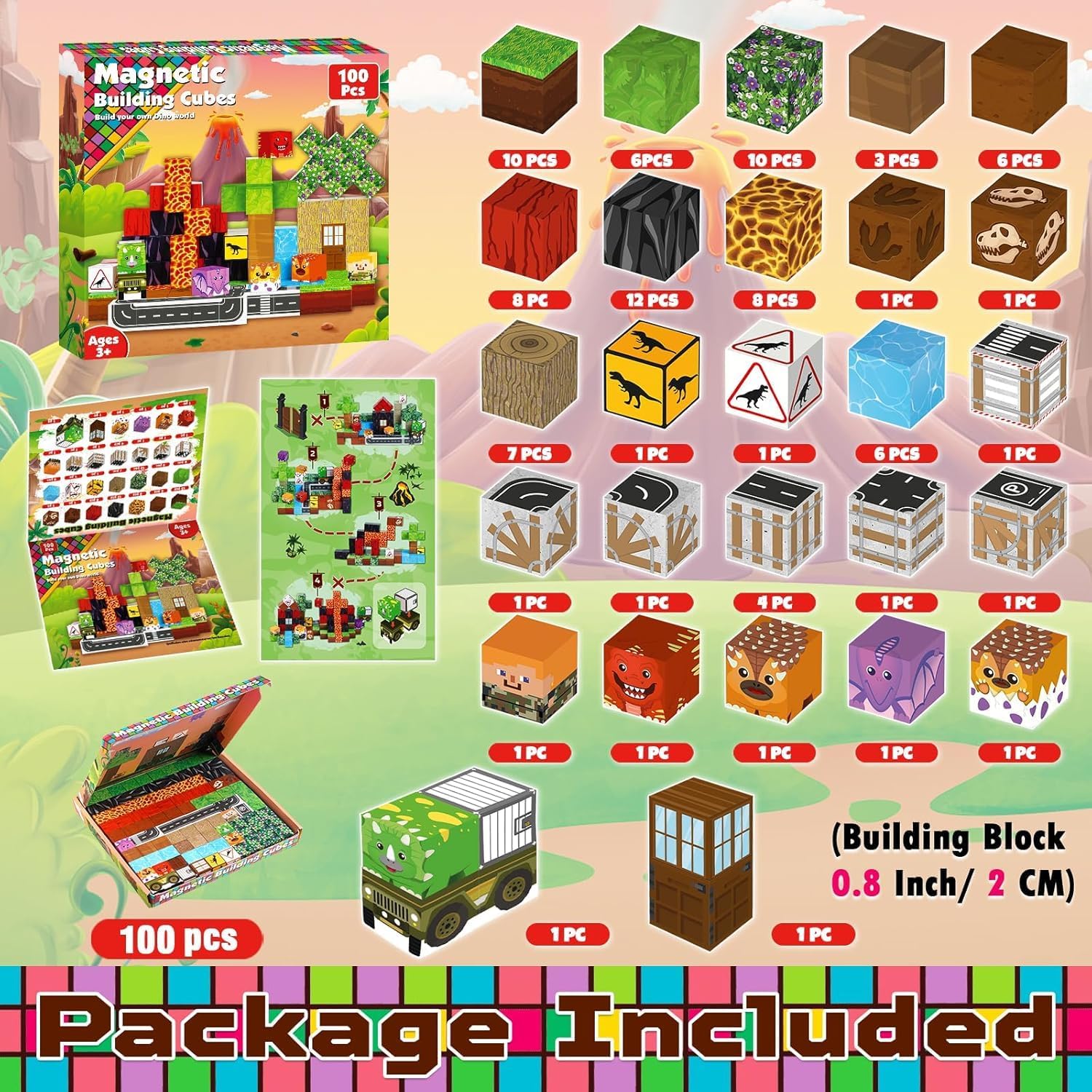 Thumbnail 1 de Construction magnétique Enfant – Ensemble de 100 cubes magnétiques pour un univers dinosaure préhistorique