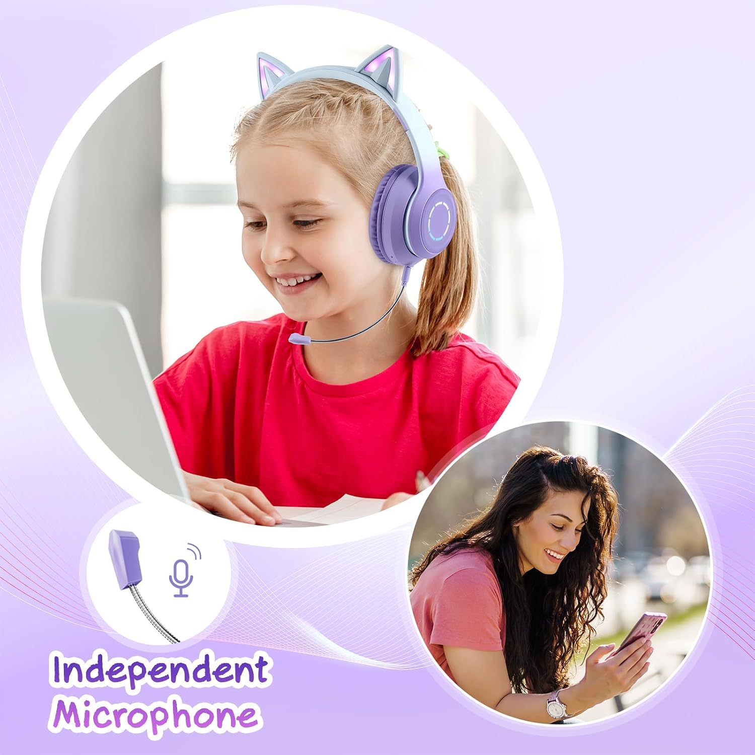 Detalle de Sendowtek Casque sans Fil pour Enfant avec Microphone Intégré et LED RGB — Bluetooth 5.1 Violet