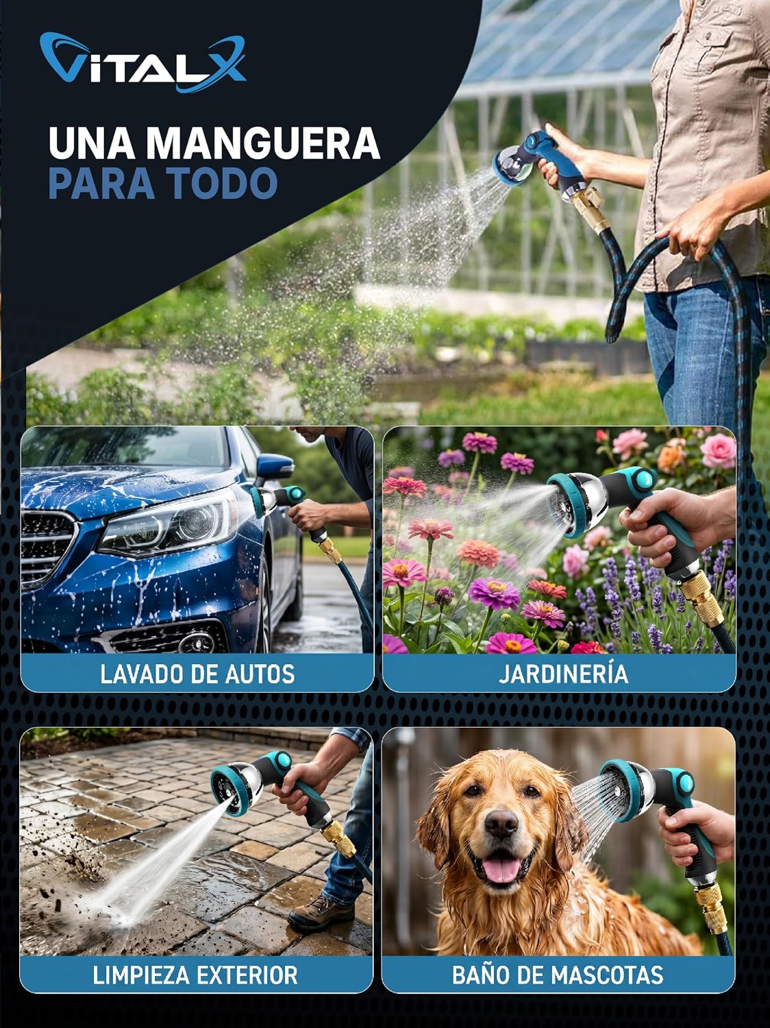 Detalle de VITALX Manguera Extensible de Jardín ANTIPINCHAZOS 15 m con Pistola de Riego 10 Funciones