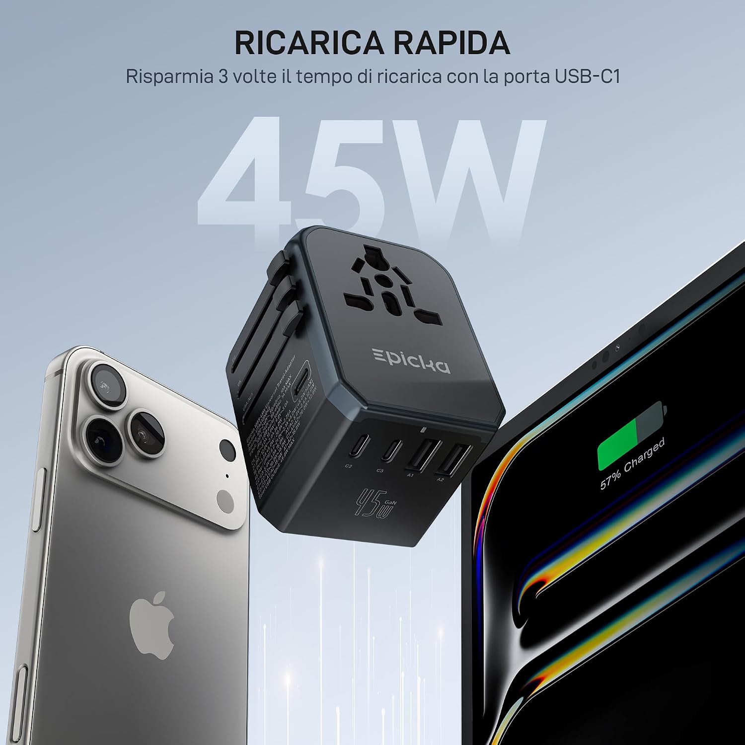Detalle de Epicka Adattatore da Viaggio Universale PD Fast Charge 45W: 6-in-1 con 3 USB-C e 2 USB-A