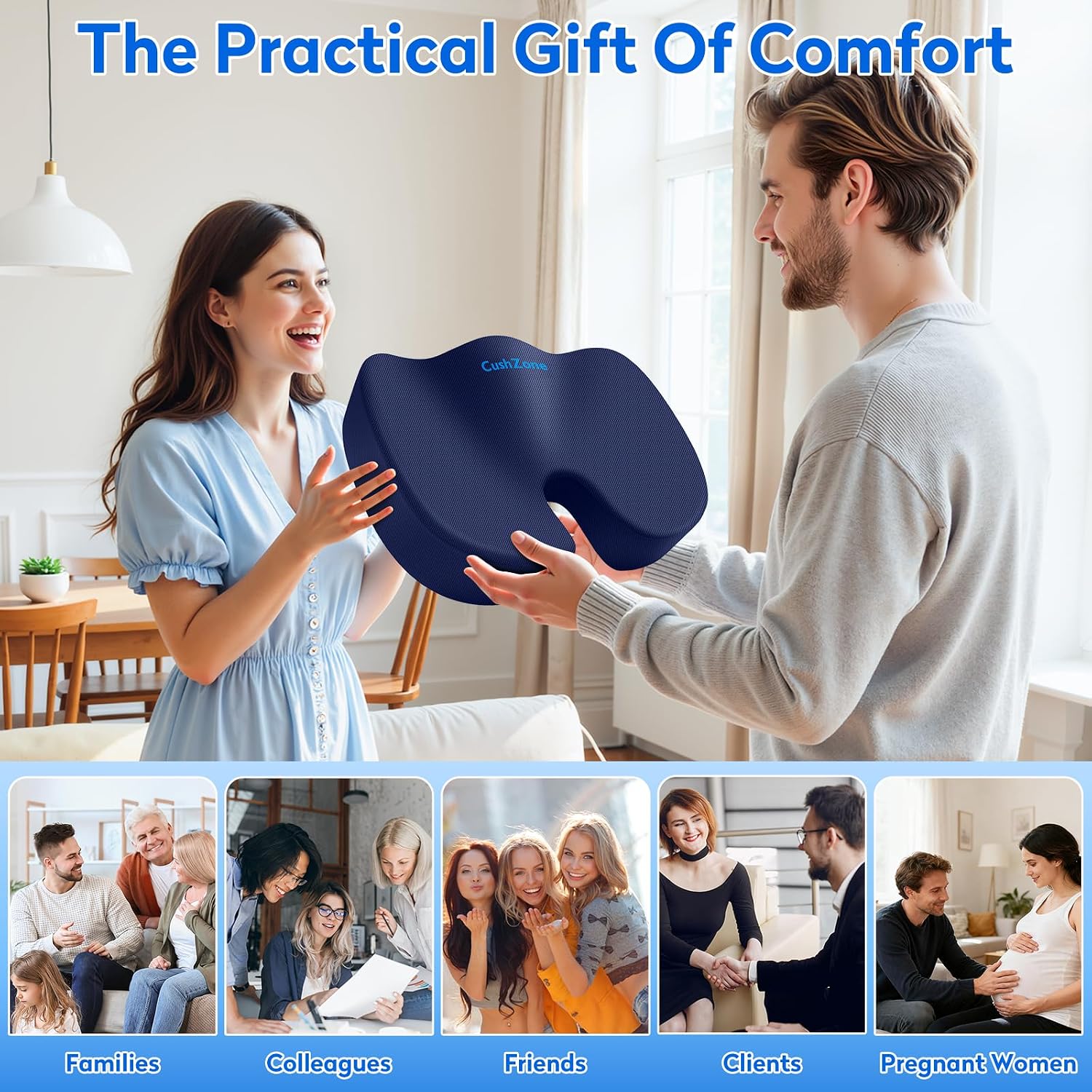 Detalle de CushZone Large Memory Foam Seat Cushion, Blue, with U-Shaped Coccyx Cutout