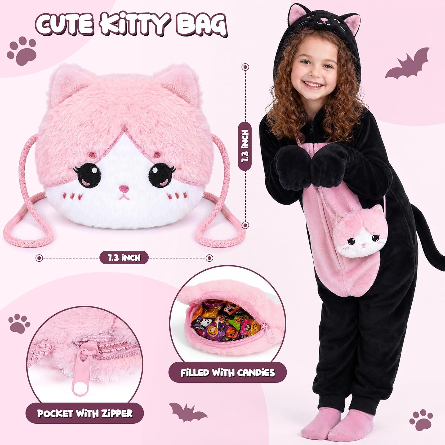 Detalle de Joycover Black Cat Costume for Girls, Flannel Onesie with Hood, Tail & Purse