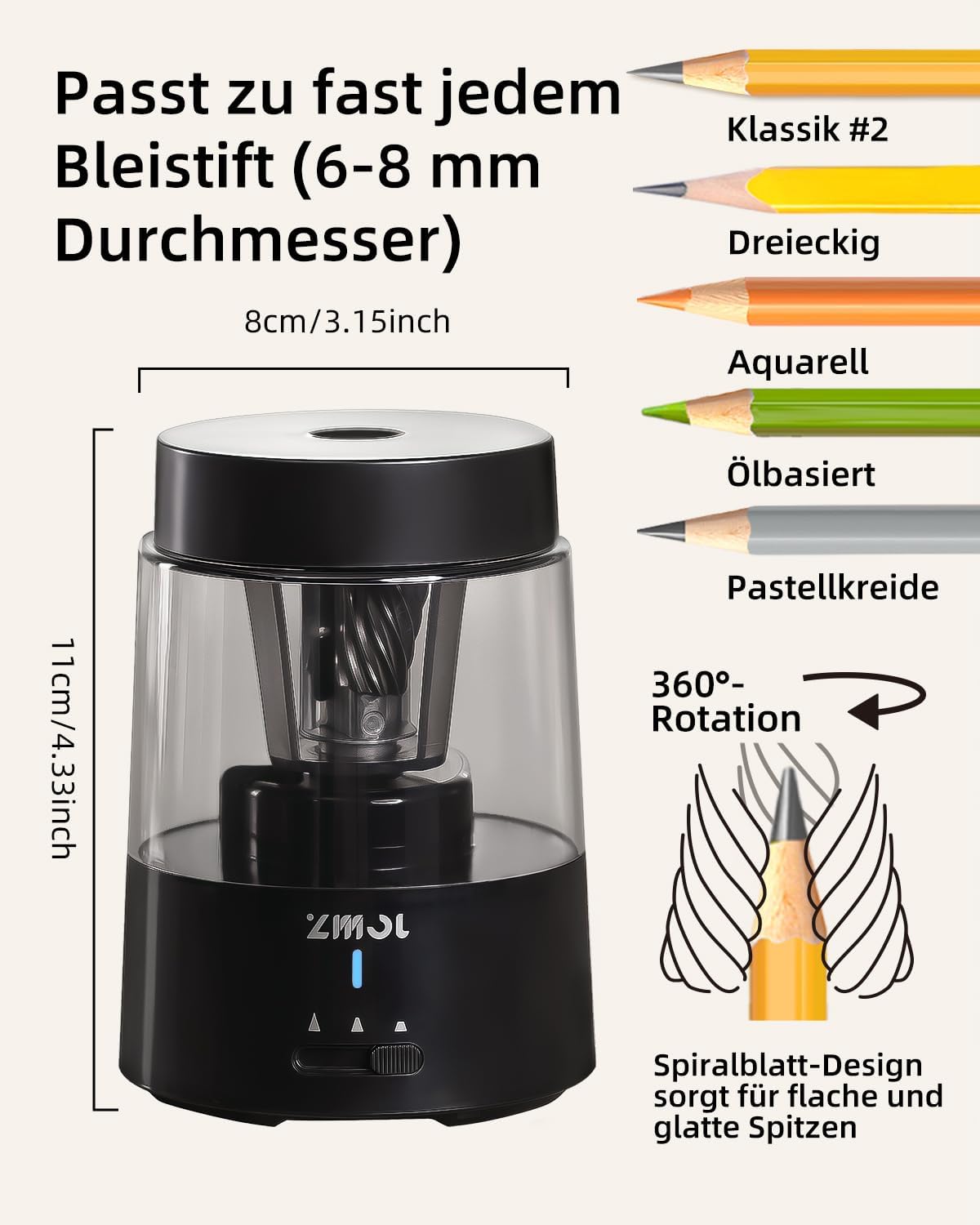 Detalle de ZMOL Elektrischer Bleistiftspitzer für Kinder – USB-C, Auto-Stopp, 6–8 mm, Schwarz