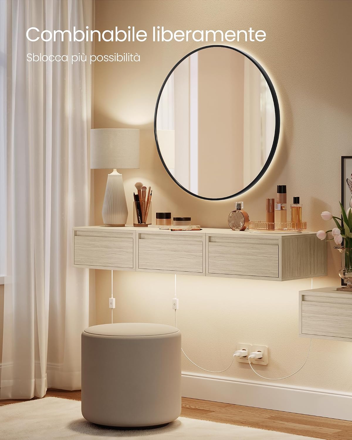 Thumbnail 6 de VASAGLE Kailyn Collezione: Set di 2 comodini pensili beige naturale con luce regolabile