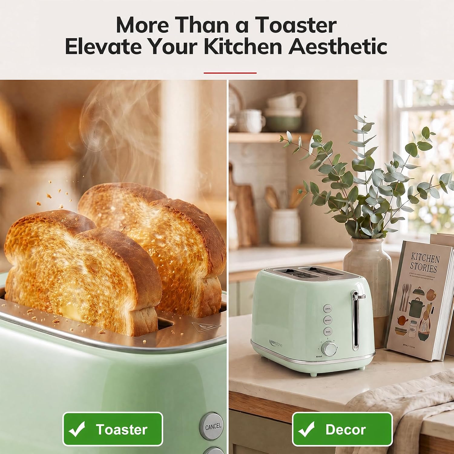 Detalle de Keenstone 2-Slice Toaster, Green, with Wide Slots and 6 Shade Settings