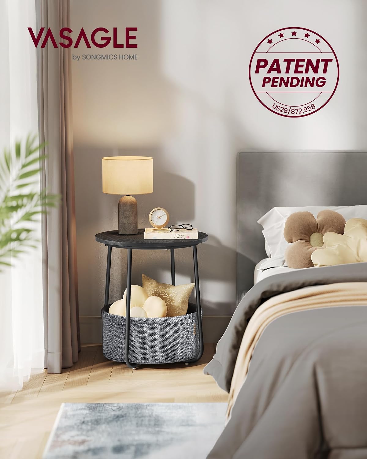 Detalle 2 de VASAGLE LILEA LET223B01 Round Side Table with Fabric Basket, Ebony Black and Slate Grey