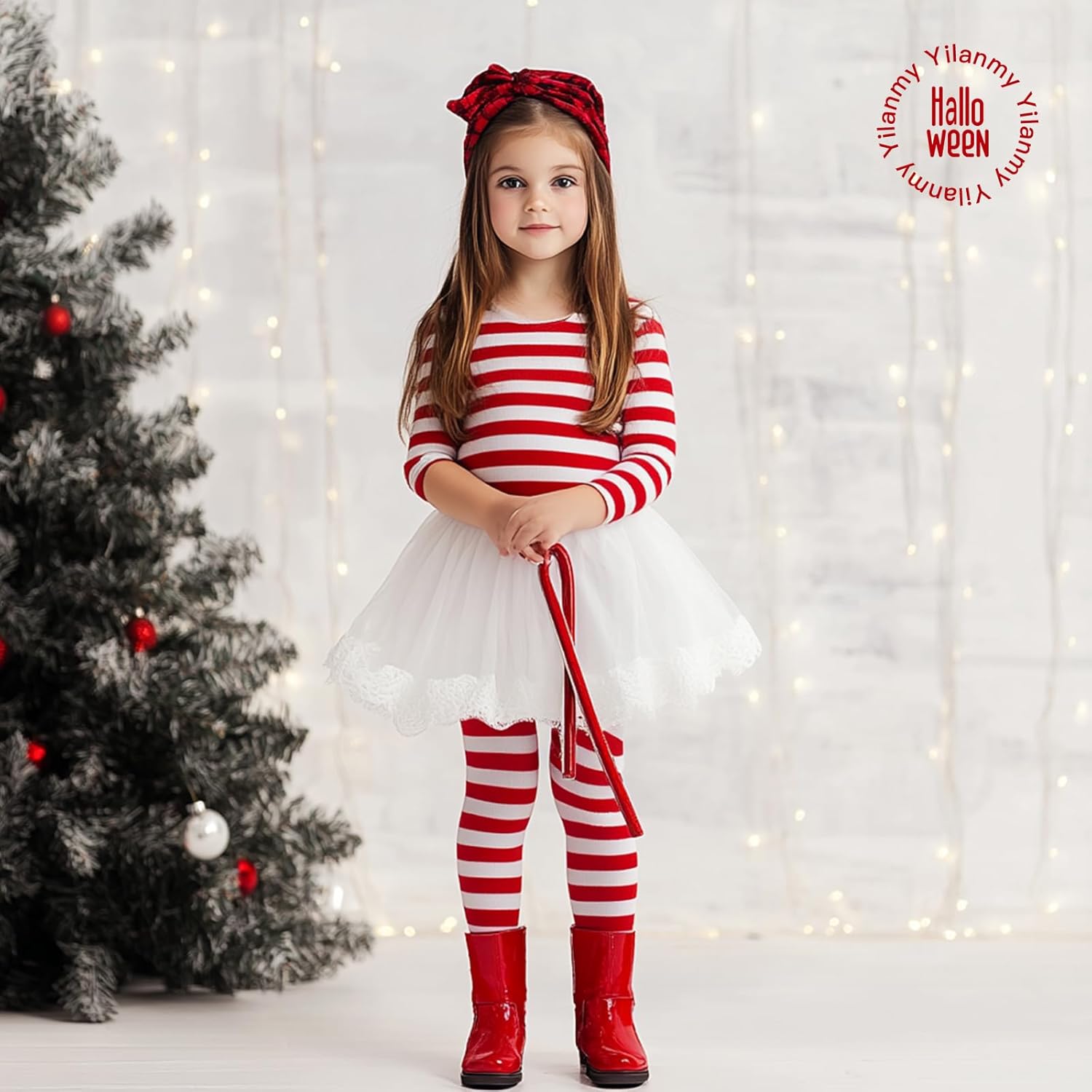 Thumbnail 6 de Yilanmy 2 Pairs Children’s Striped Tights (Full Footed) for Girls, Red & White Stripe Styles