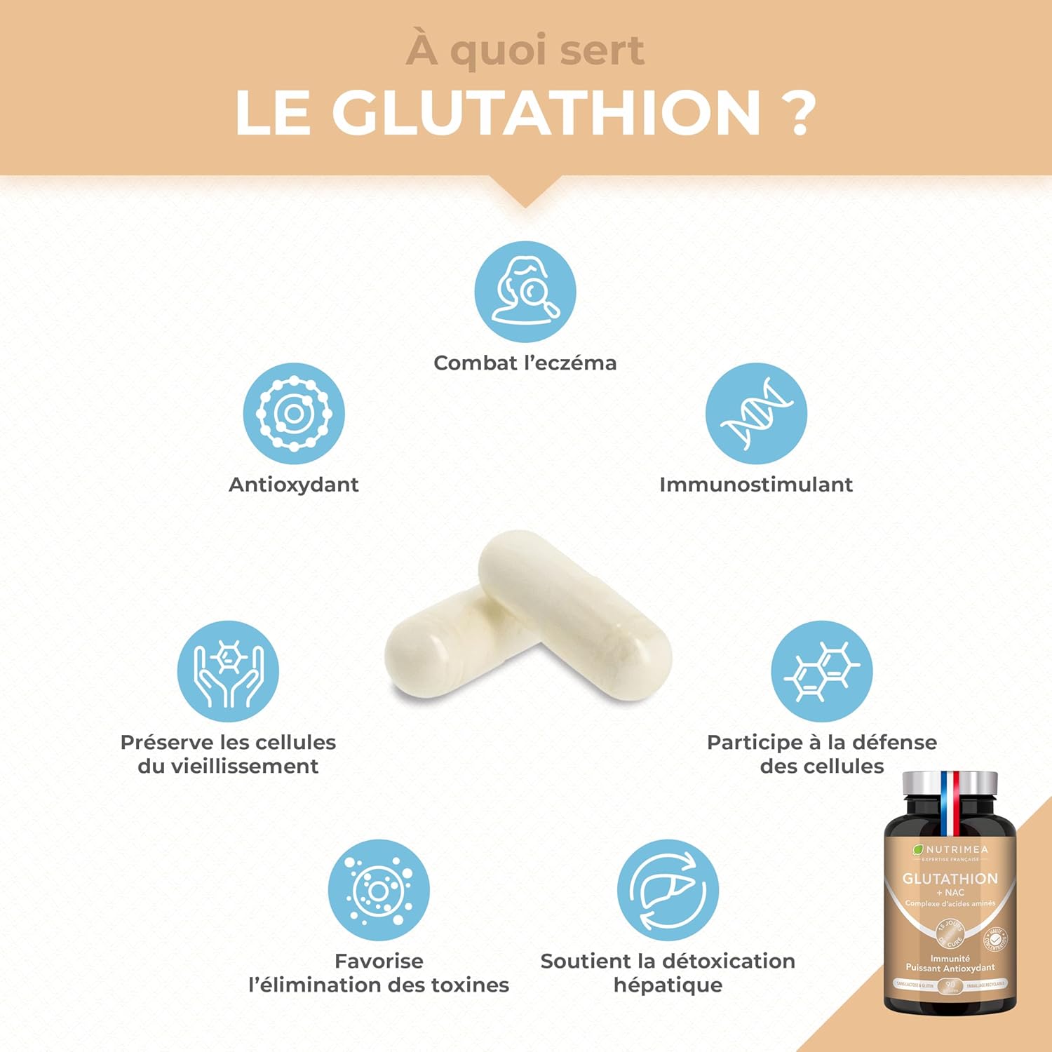 Thumbnail 1 de Nutrimea Glutathion Réduit à 98% avec NAC et Vitamine C – 90 gélules véganes fabriquées en France