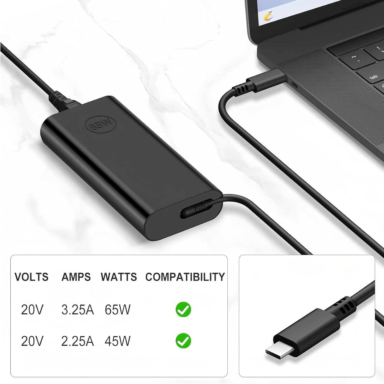 Thumbnail 1 de OOOUSE 65W USB C Laptop Charger: versatile 65W USB-C power for Dell, Lenovo, HP, Acer, Huawei and more