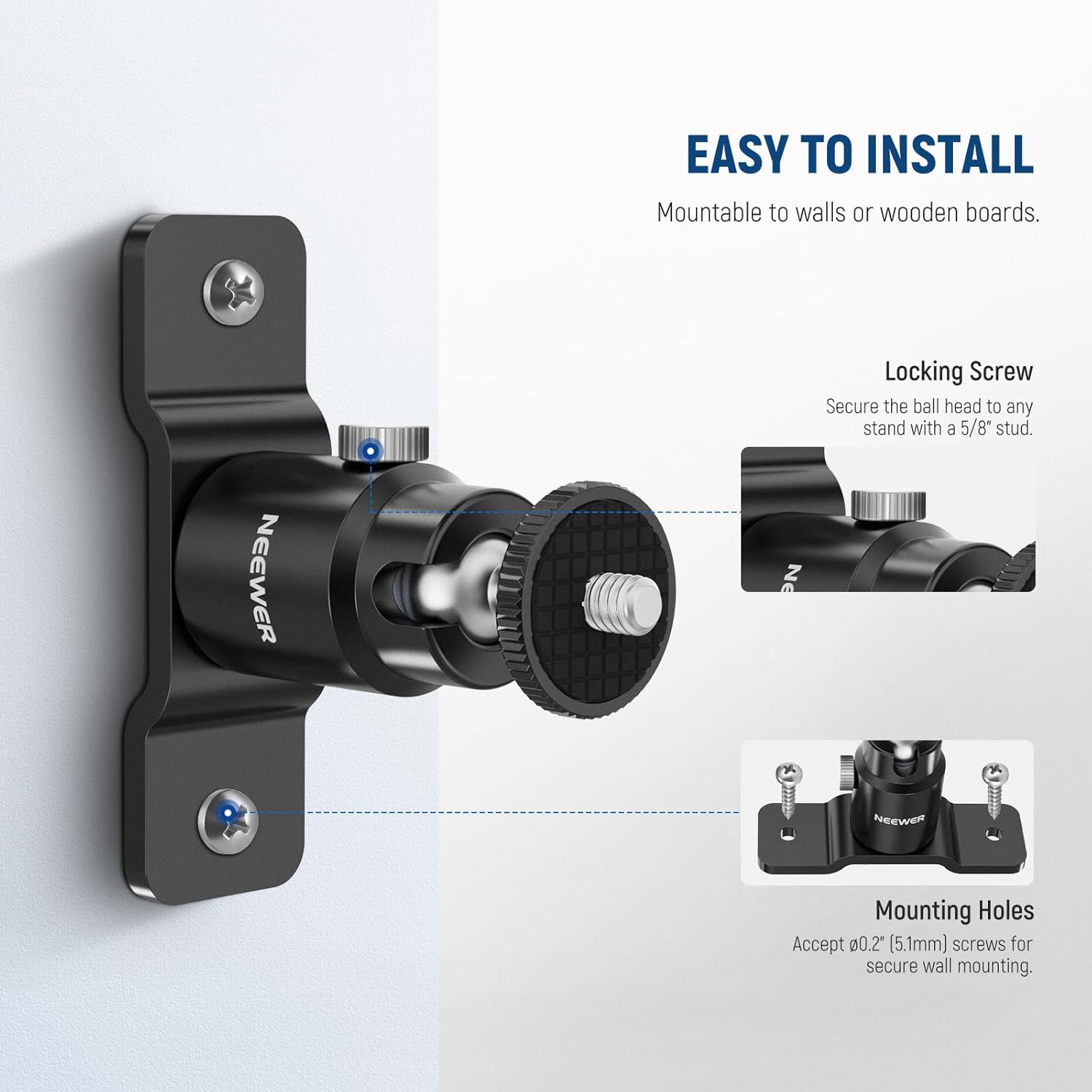 Detalle 2 de NEEWER TS008 : lot de 2 supports muraux Type T avec rotule amovible (charge max 2 kg)