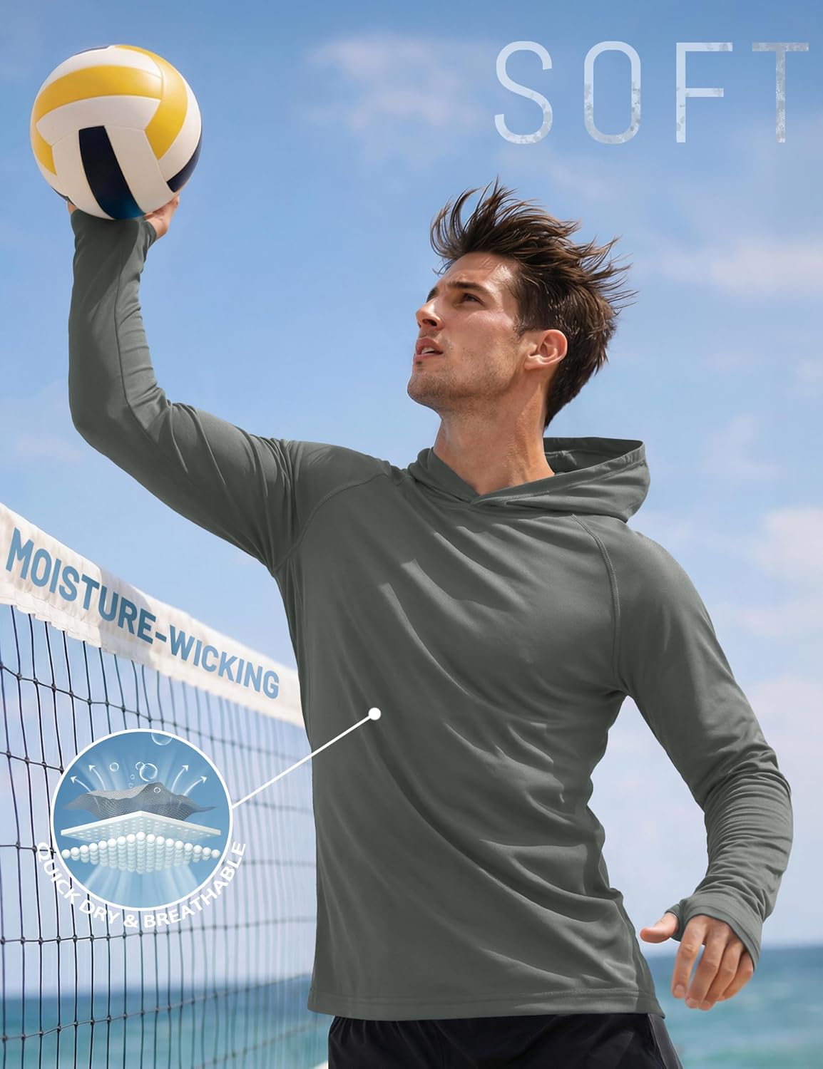 Detalle de KEFITEVD Men's Hoodie: Lightweight UPF 50+ Long-Sleeve Sun Protection Hoodie