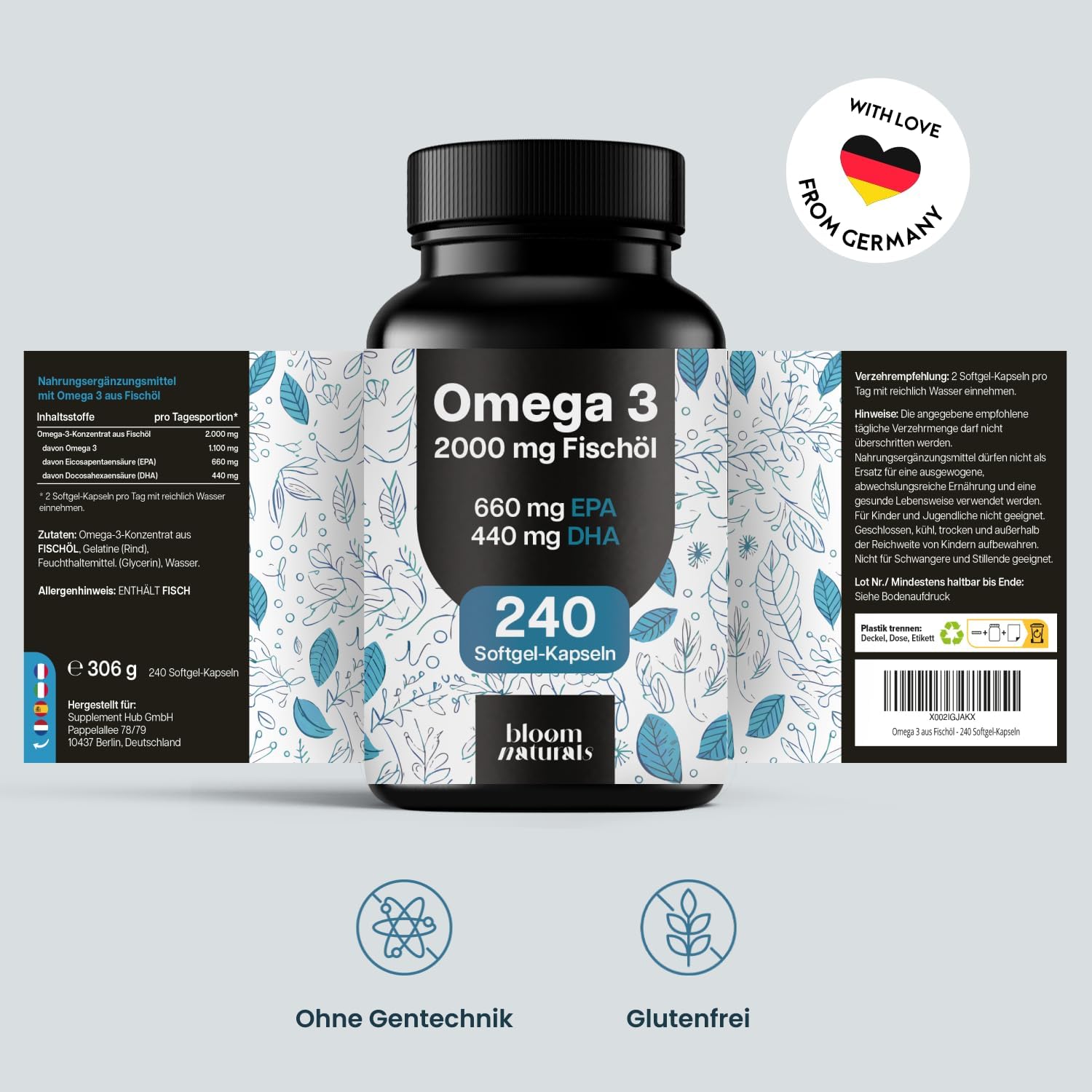Detalle de Omega-3 Kapseln hochdosiert 2000 mg Fischöl – 240 Softgel-Kapseln mit 660 mg EPA und 440 mg DHA, hergestellt in Deutschland