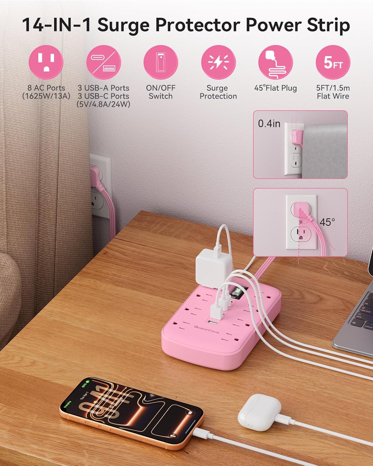 Detalle 2 de Pink Extension Cord with Surge Protector - 5 ft Kawaii Power Strip with 8 Outlets and 6 USB Ports