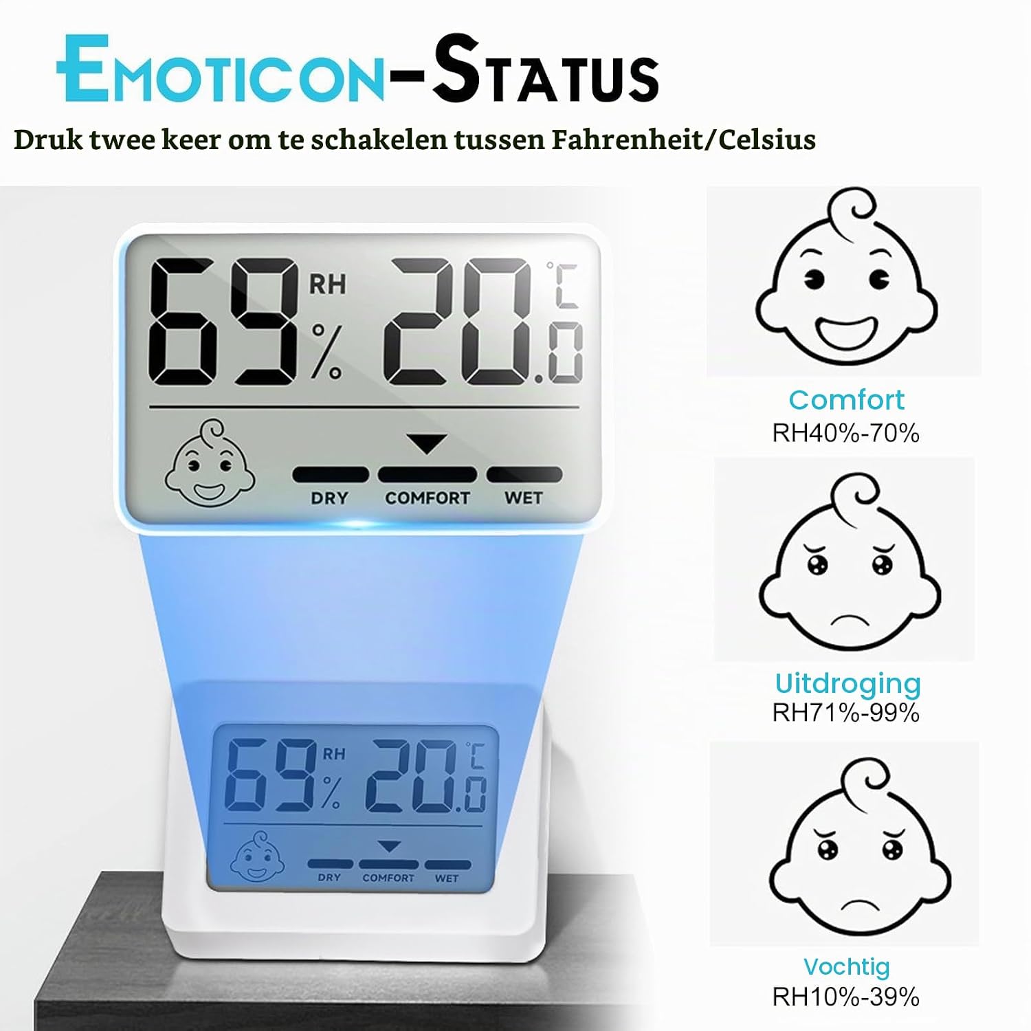 Detalle 1 de HOSPAOP FU40 digitale thermo-hygrometer, set van 4 met smiley-indicator
