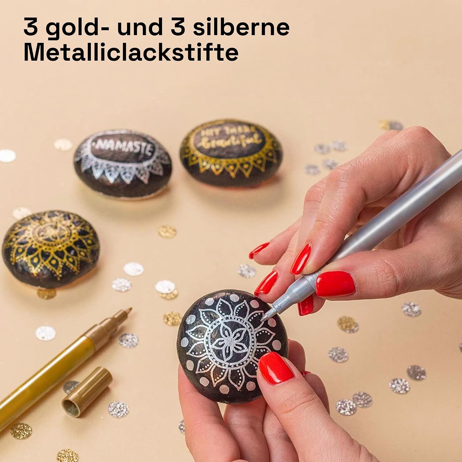 Detalle de Artistro 6 Gold & Silber Acrylstifte (wasserbasiert) – 6er Set mit extra-feiner Spitze für Stein, Keramik, Glas & mehr